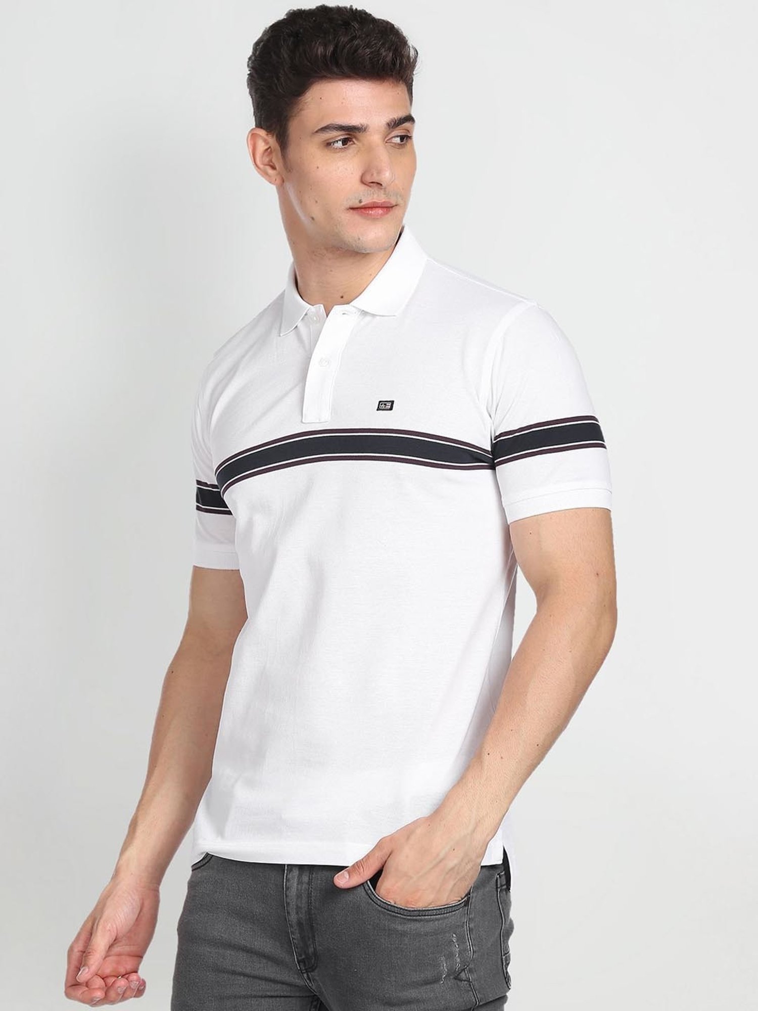 Arrow Sport White Cotton Regular Fit Striped Polo T-Shirt