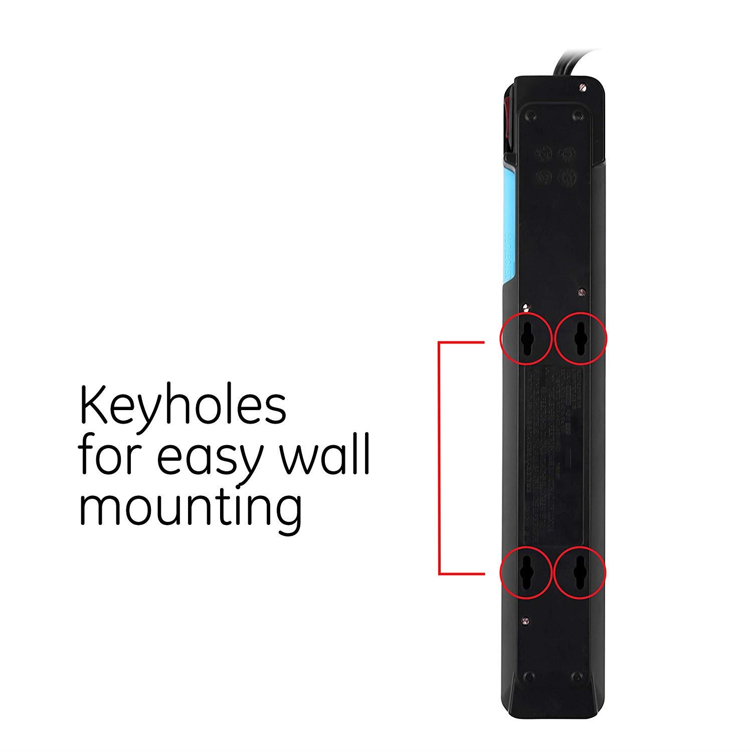 GE Surge Protector, 7 Outlet Power Strip, Long 4ft Power Cord, Flat Plug, Power Filter, Circuit Breaker, 1080 Joules, Warranty, Black, 34460