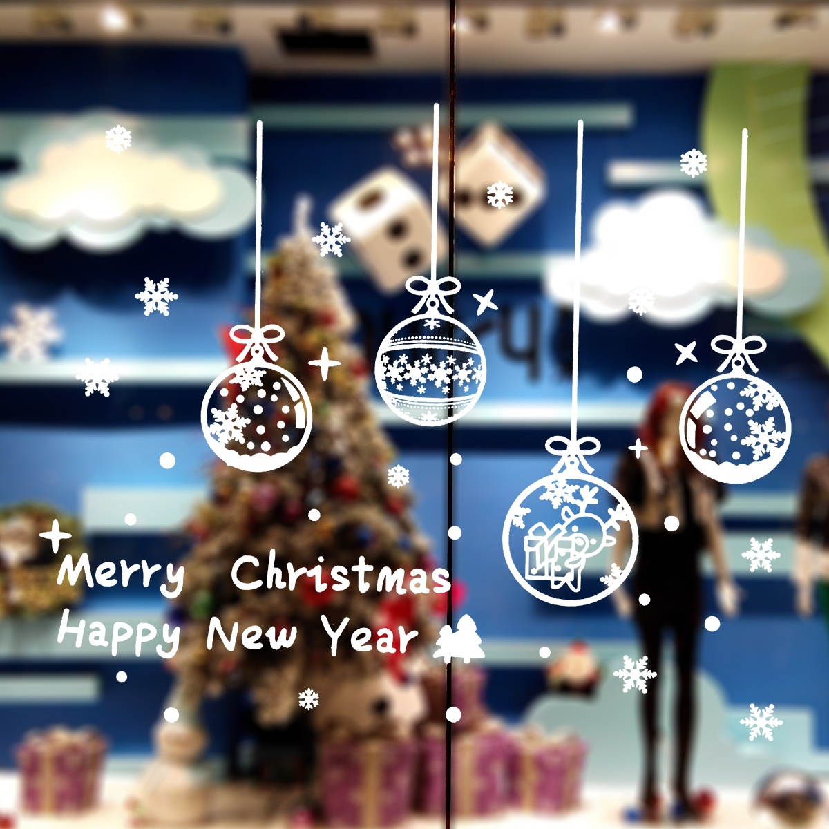 Removable Merry Christmas Vinyl Window Stickers Christmas Baubles Snowflakes DIY Showcase Window Clings Glass Door Stickers Mural Decals for Christmas New Year Home Decor 60 x 45 cm