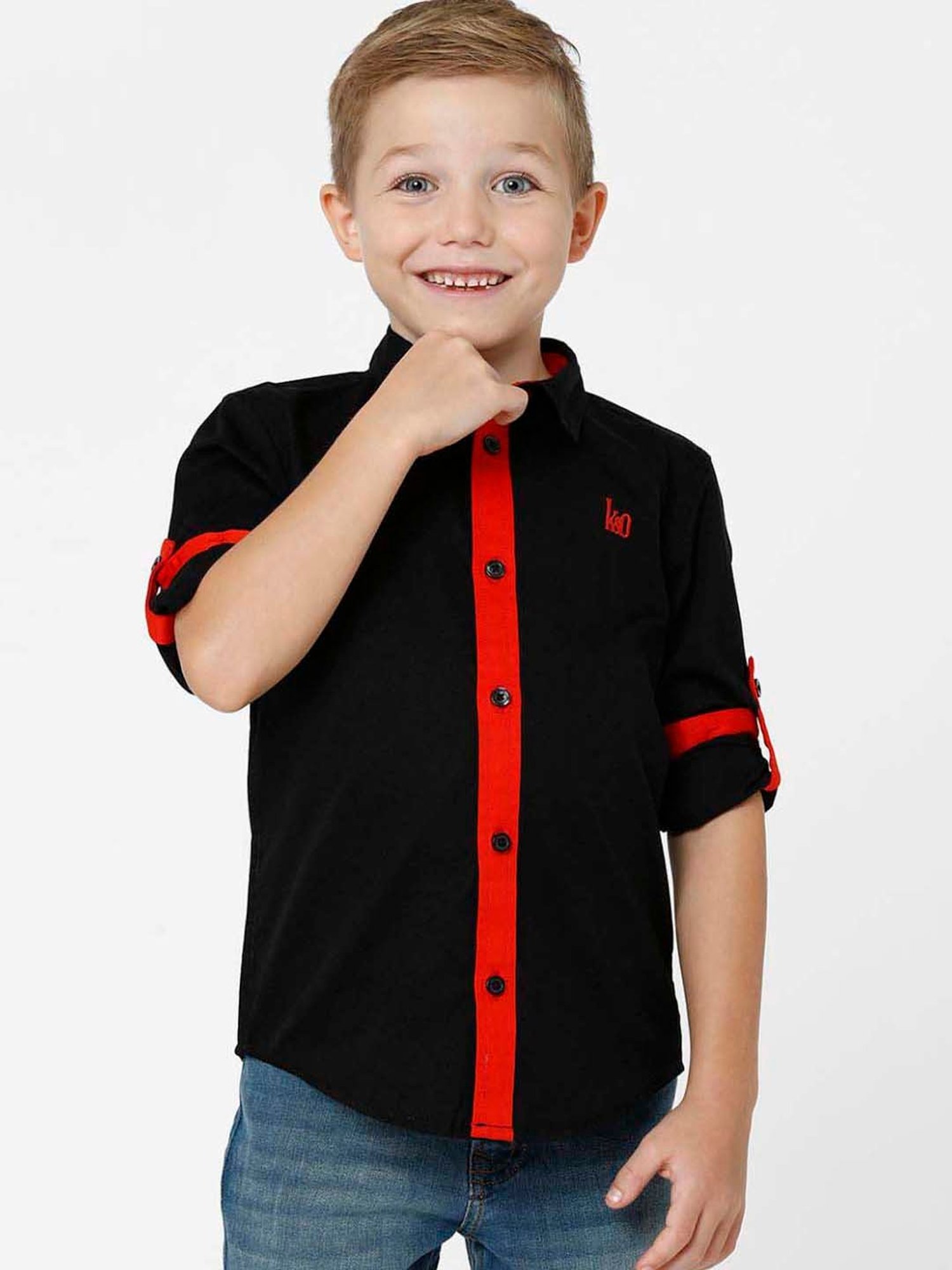 Kate & Oscar Kids Black & Red Cotton Embroidered Full Sleeves Shirt