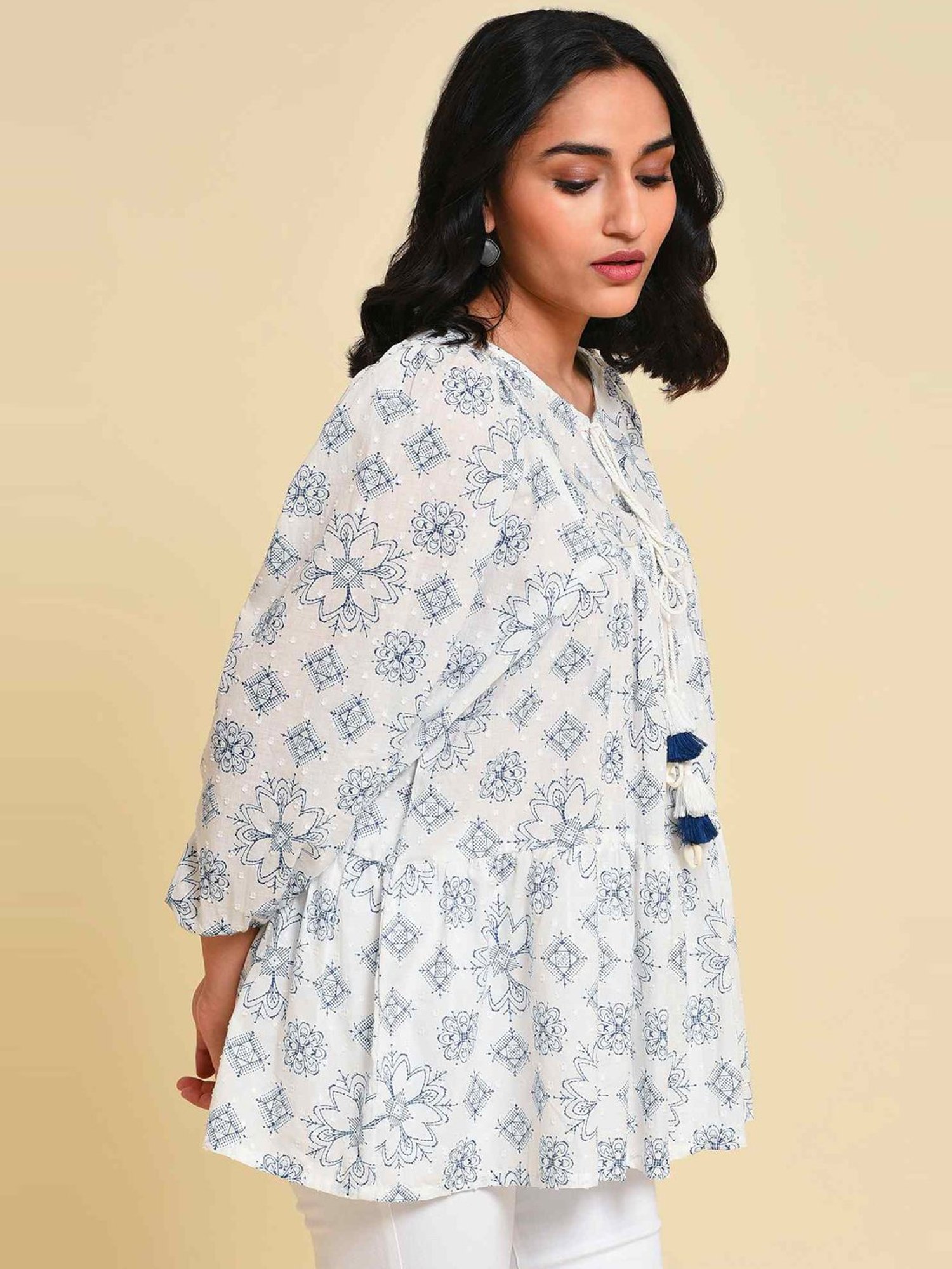 W Off-White Cotton Printed Top