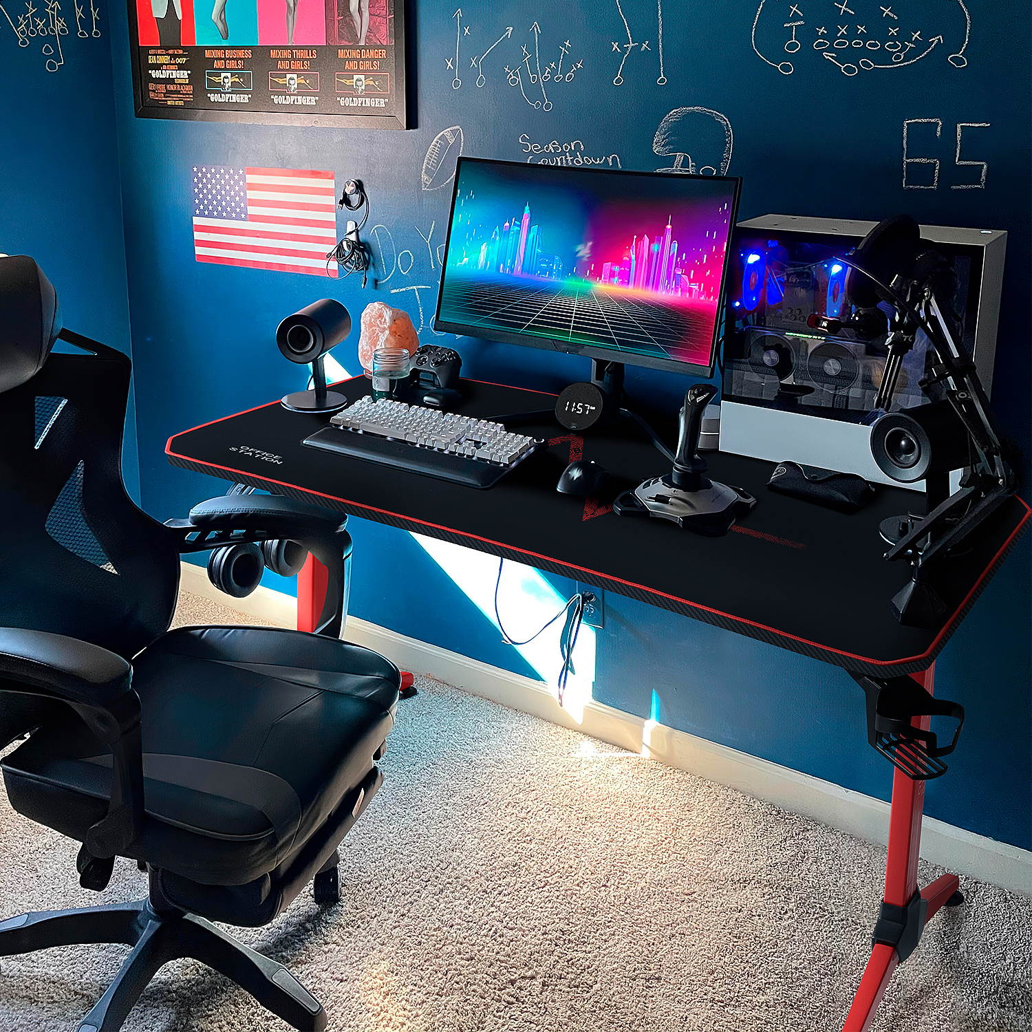 Furmax 43 Inch Gaming Desk Racing Style PC Computer Desk Y-shaped Home Office with Desk Large Carbon Fiber Desktop, Cup Holder, Headphone Hook, Full Mouse Pad, and Gaming Handle Rack (Black)