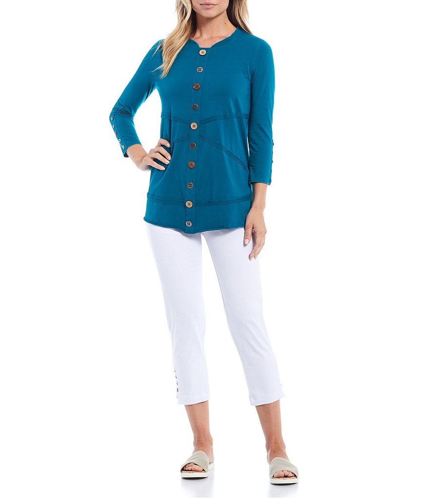 Multiples Band Crew Neck Seamed Detail Button Trim 3/4 Sleeve Knit Top