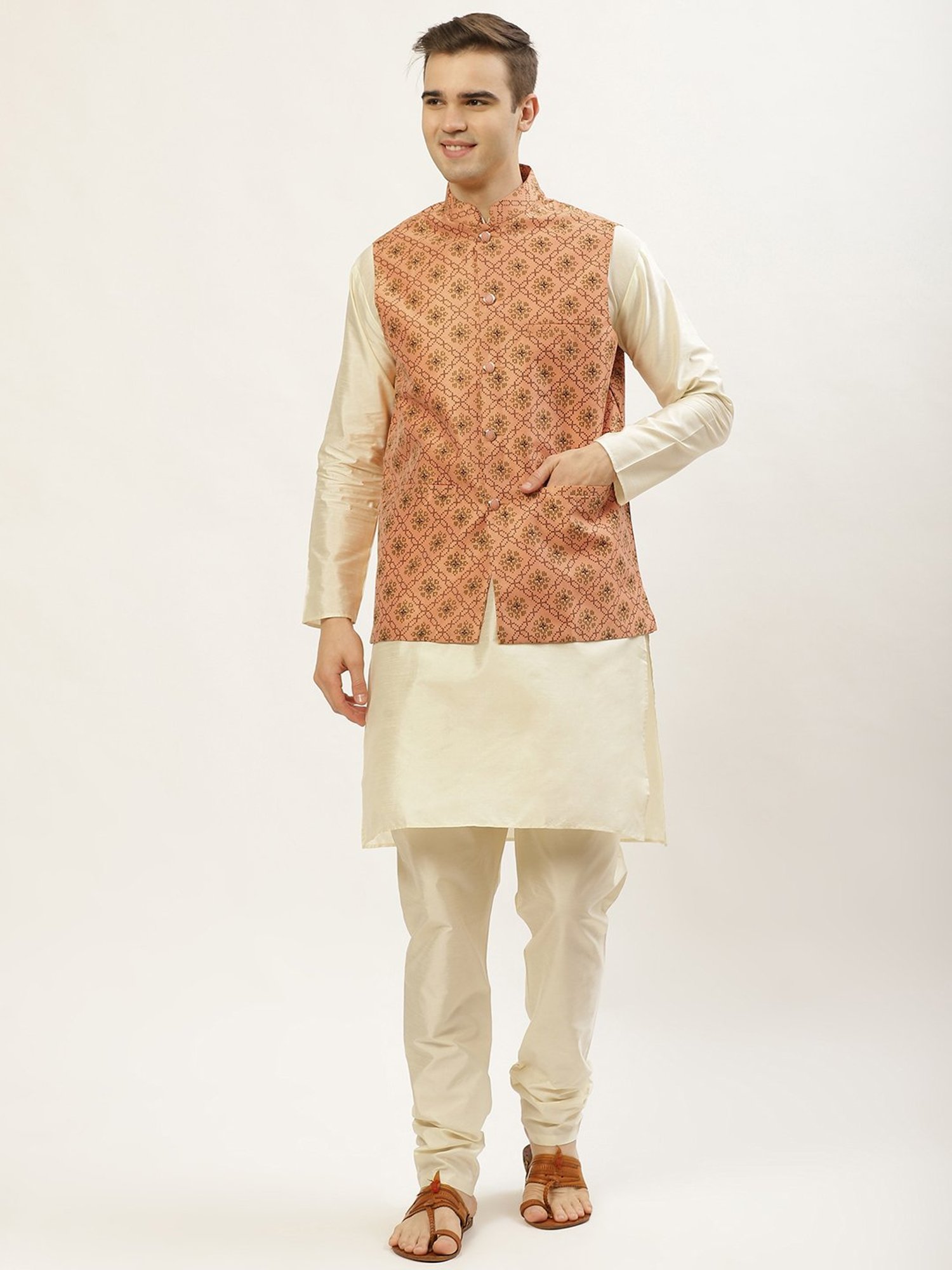 Jompers Peach & Beige Regular Fit Printed Kurta Set with Jacket