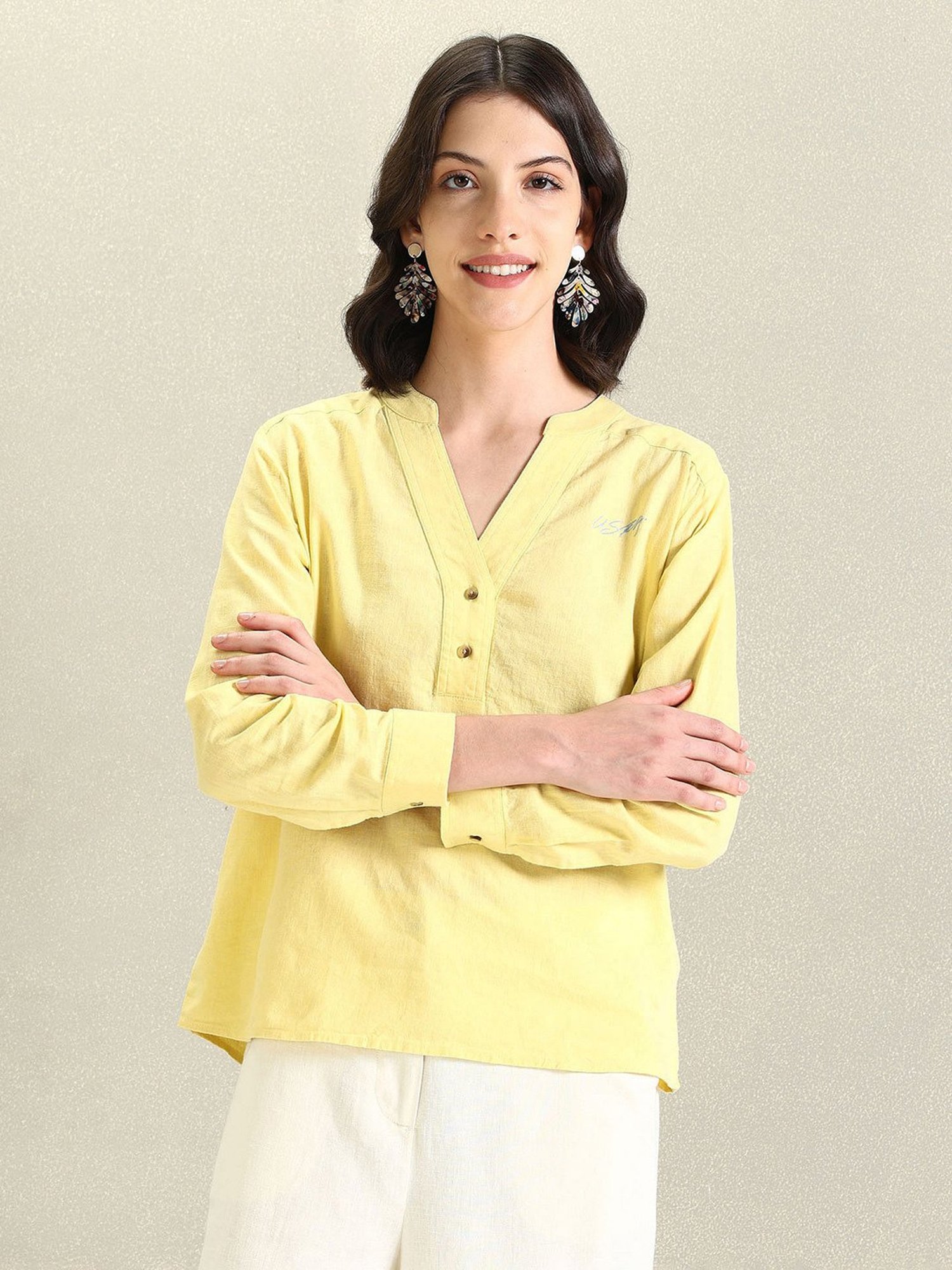 U.S. Polo Assn. Light Yellow Linen Graphic Print Top
