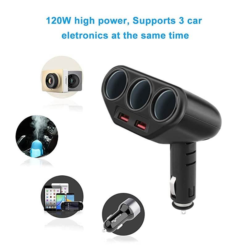 3Socket 2Port USB Quick Charge 30 Car Charger Splitter Adapter120W 12V24V DC Outlet Multi Socket Car Cigarette Lighter Splitter QC30 Dual Car Charger Power Outlet Splitter Extender