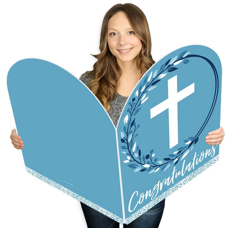 Big Dot of Happiness Blue Elegant Cross - Religious Congratulations Giant Greeting Card - Big Shaped Jumborific Card - 16.5 x 22 inches