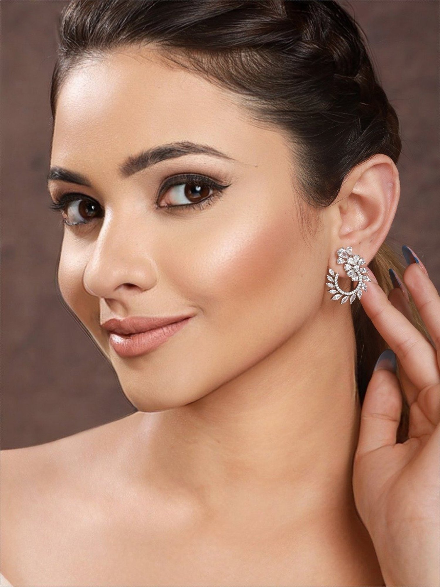 Saraf RS Jewellery Silver Toned CZ Studded Hoop Studs earrings