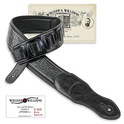walker & williams g118 black on black padded guitar strap with embossed tooling & padded glove leather back