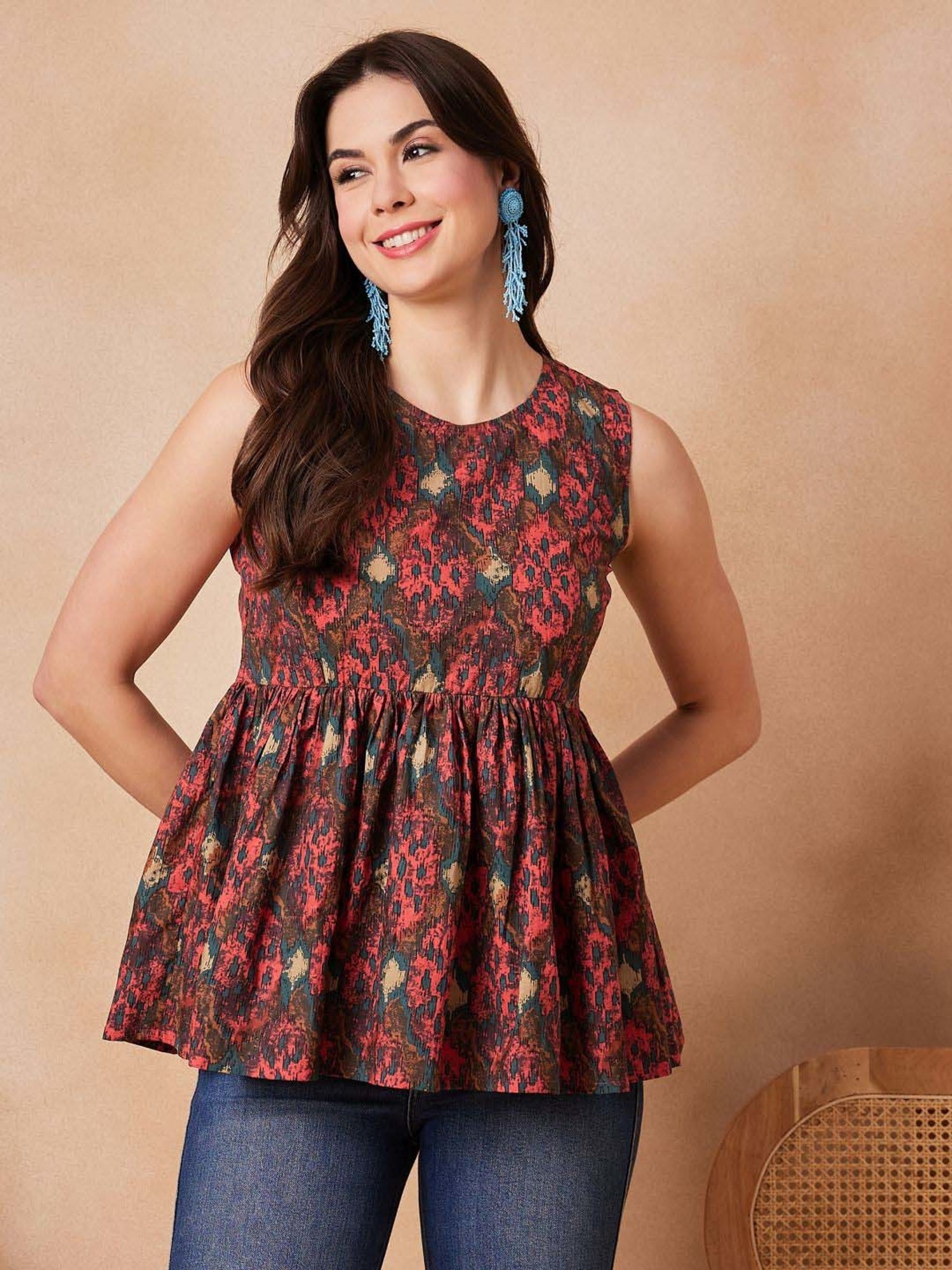 Inweave Coral & Brown Cotton Printed Top