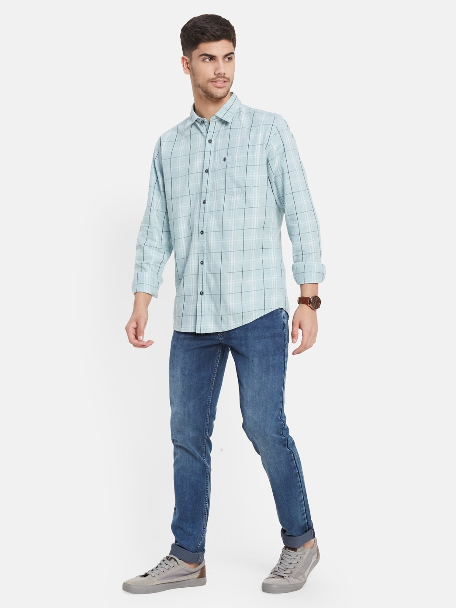 METTLE Light Teal Cotton Regular Fit Checks Shirt