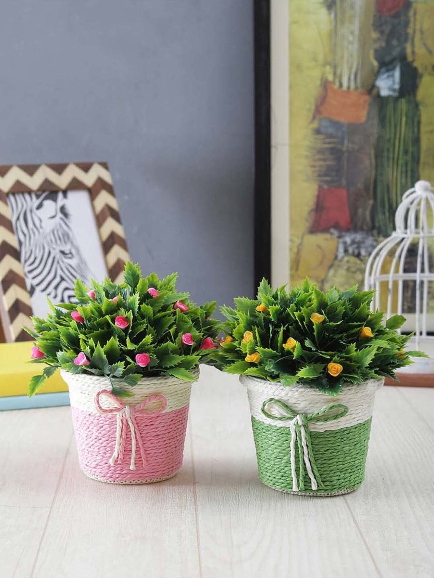 Foliyaj Multicolor Plastic Artificial Flower Plants With Pots - Set of 2