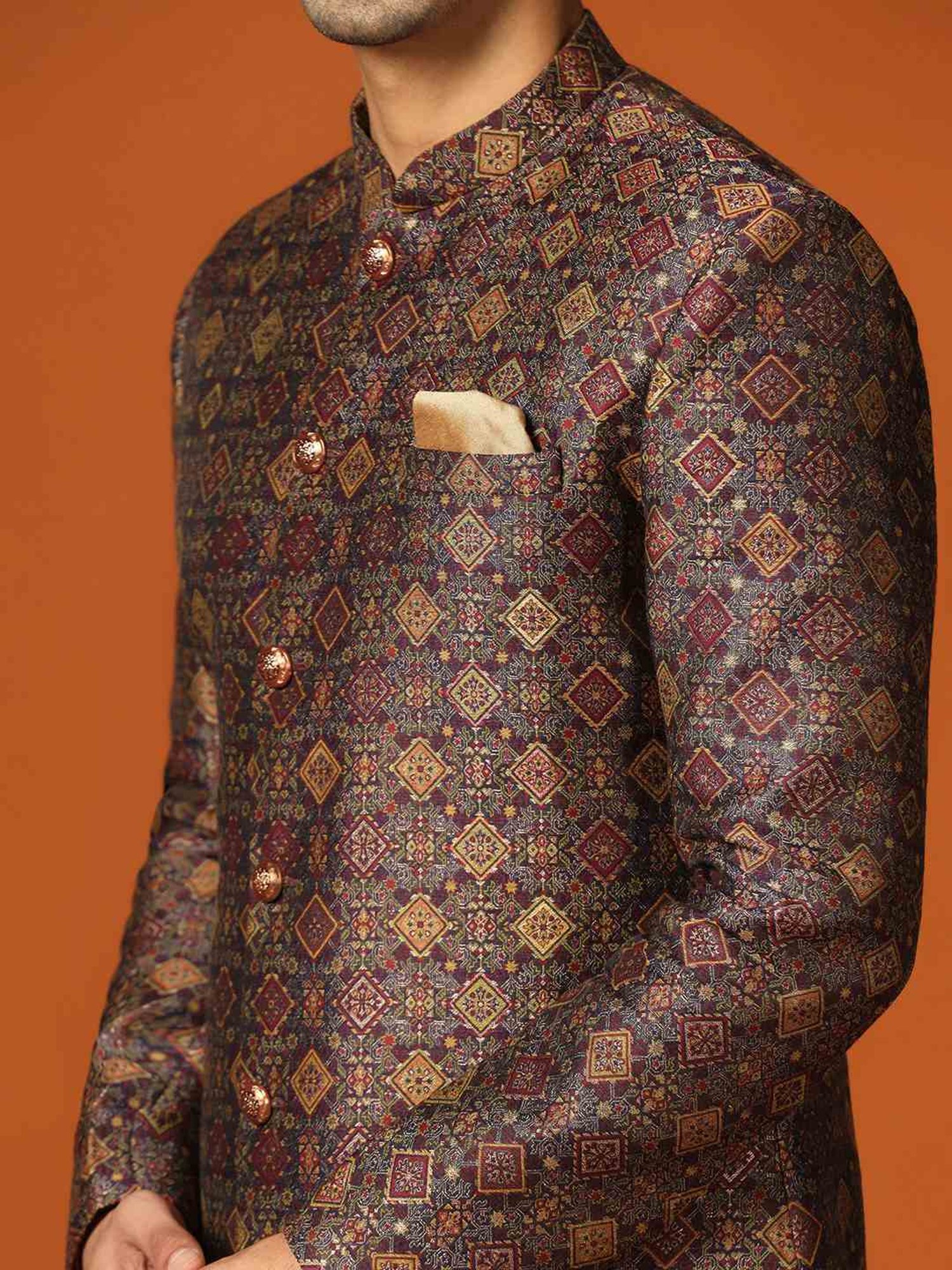 KISAH Maroon Regular Fit Self Pattern Sherwani Set