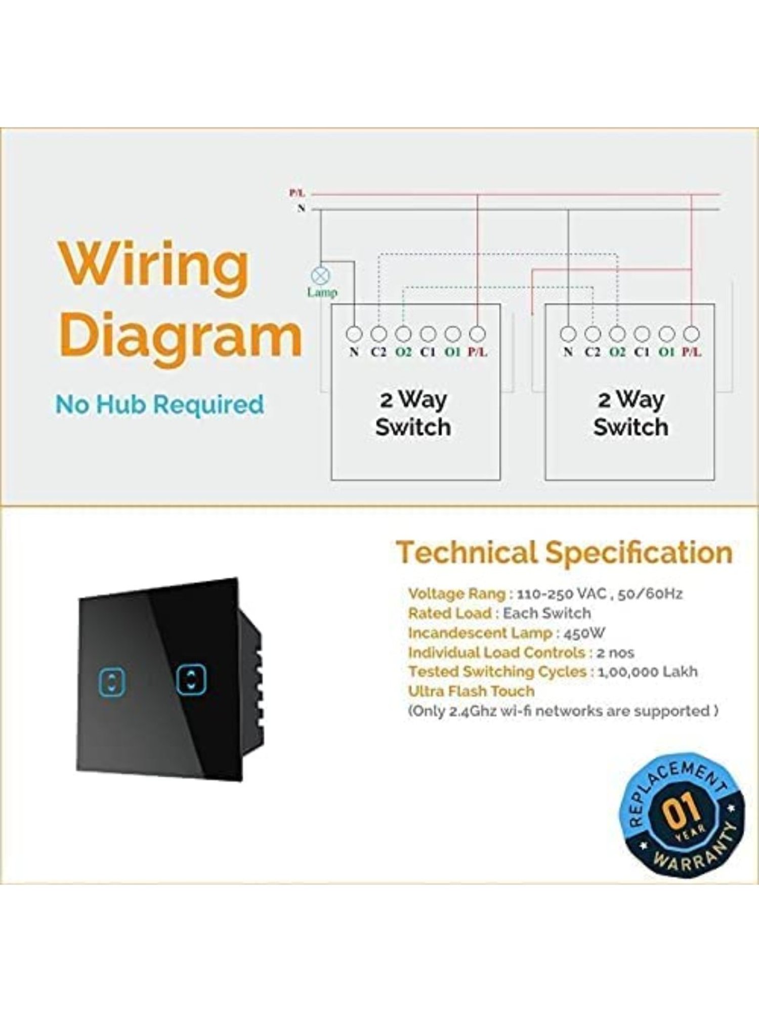 Teqooz 2-Way 2-Touch Smart Wi-Fi plus Bluetooth Switch (Black)