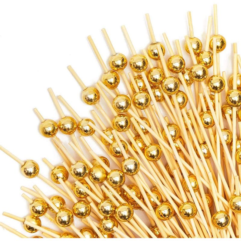 Okuna Outpost 150 Pack Bamboo Toothpicks with Gold Pearl, Cocktail Picks for Appetizer (4.7 Inches)