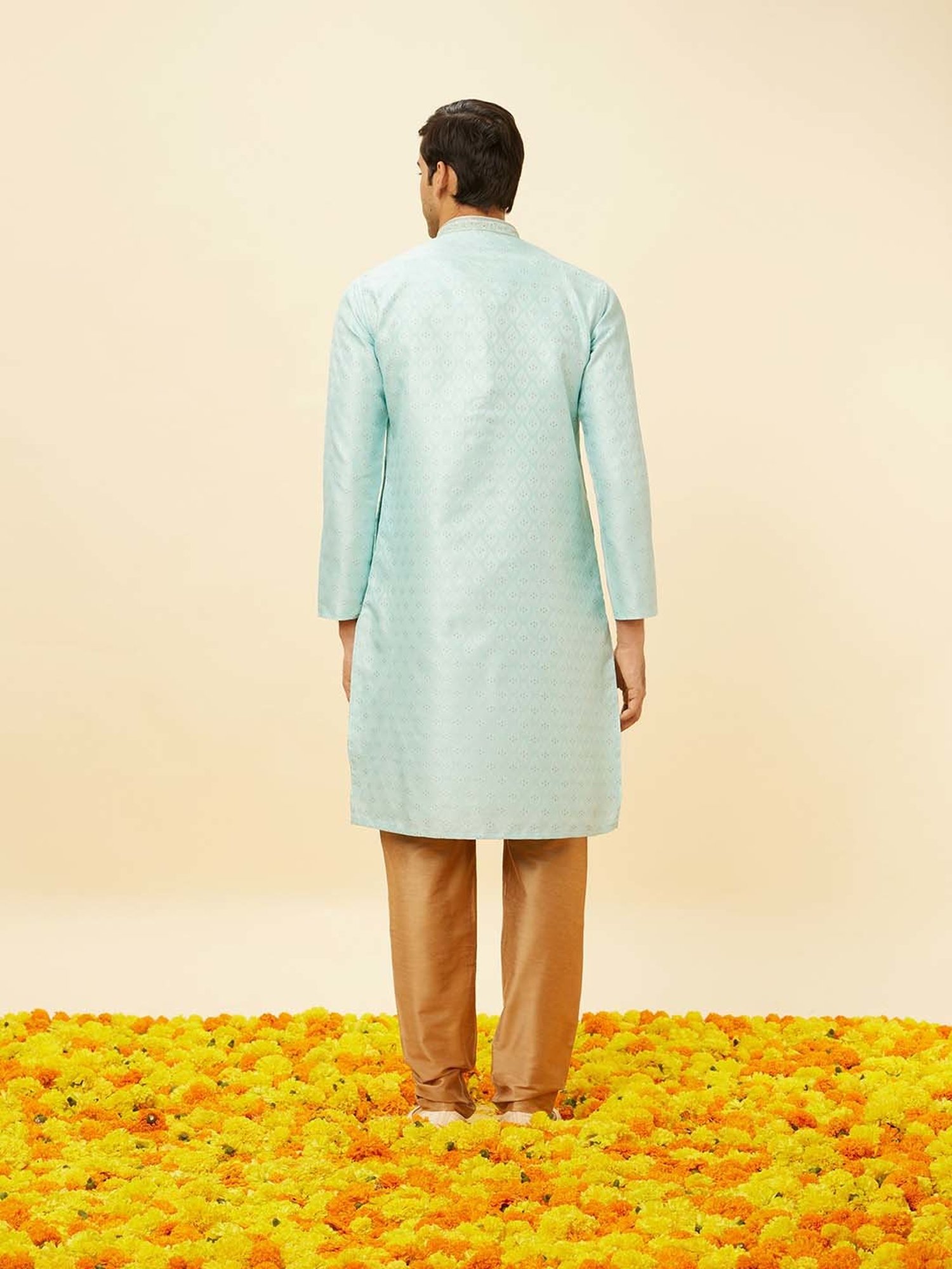 Manyavar Blue & Gold Regular Fit Self Design Kurta & Churidar Set