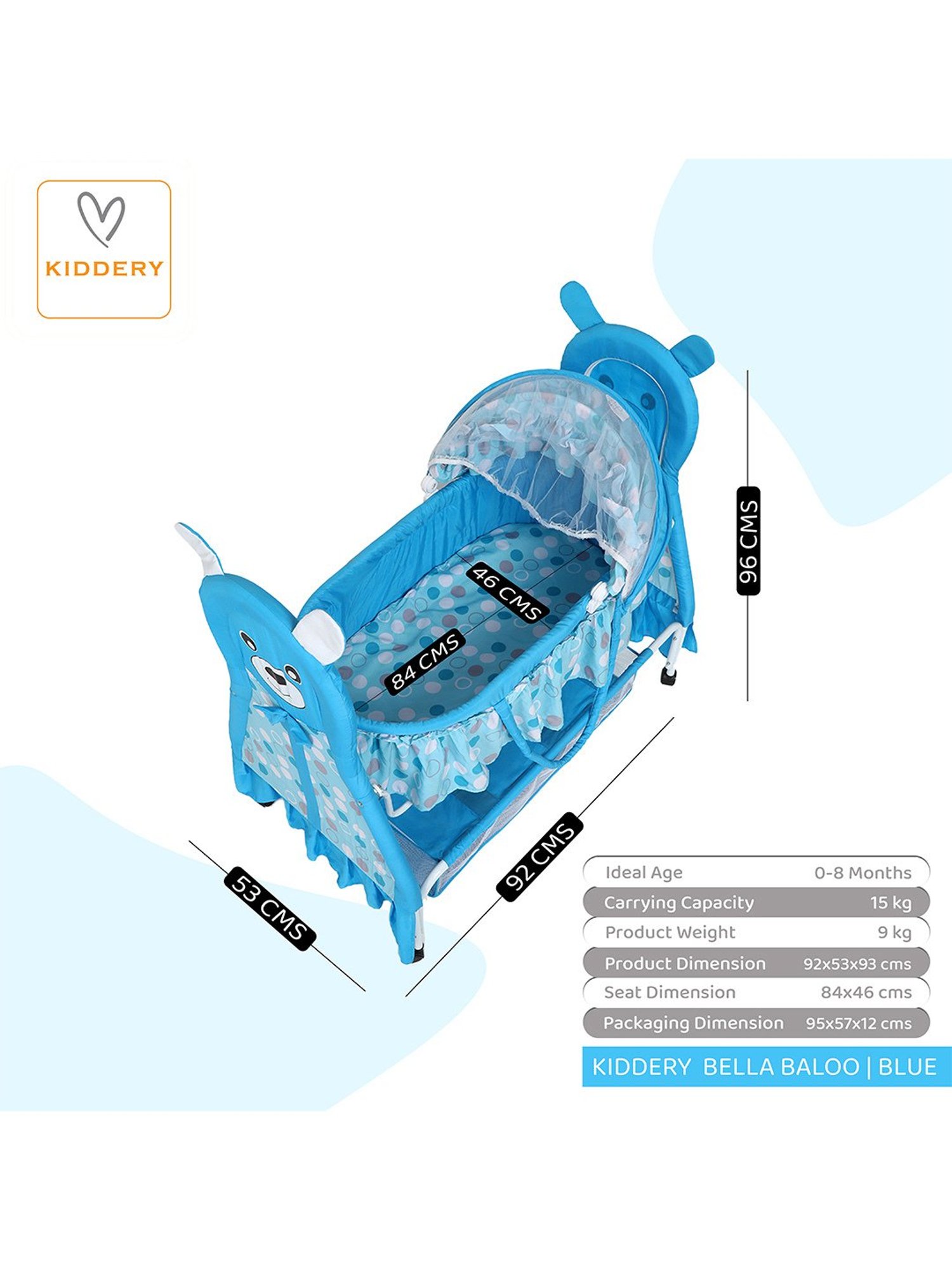 Kiddery Blue Baby Bassinet with Mosquito Protection Net (Age 0-8 Months)