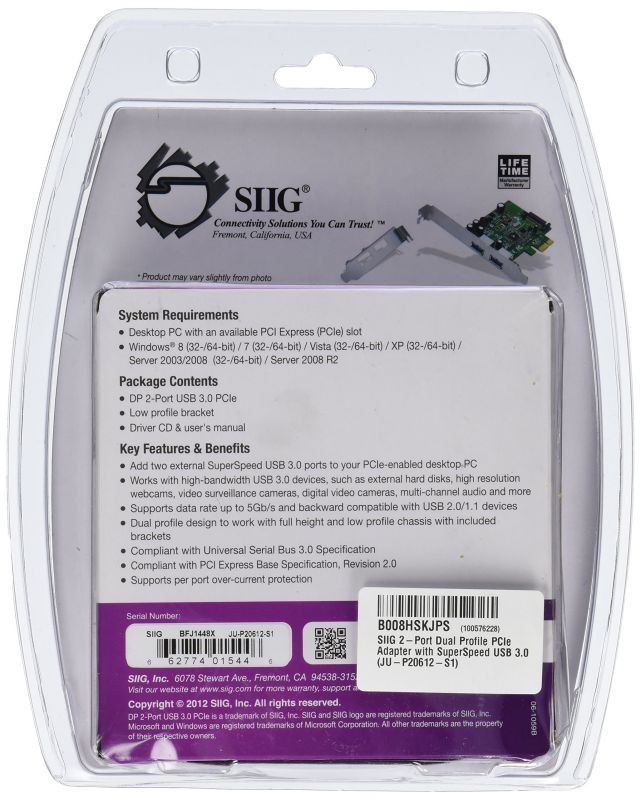 SIIG 2-Port Dual Profile PCIe Adapter with SuperSpeed USB 3.0 (JU-P20612-S1)