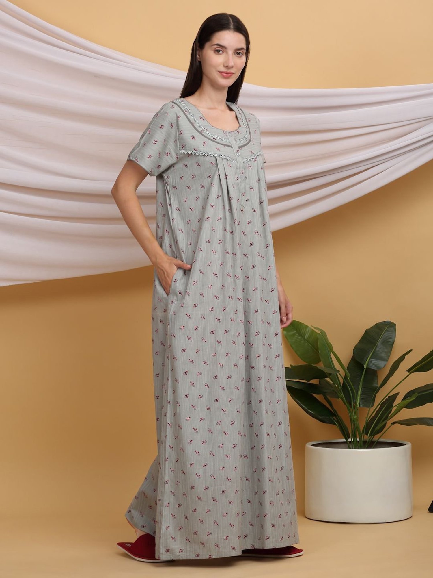 Sweet Dreams Grey Cotton Printed Night Gown
