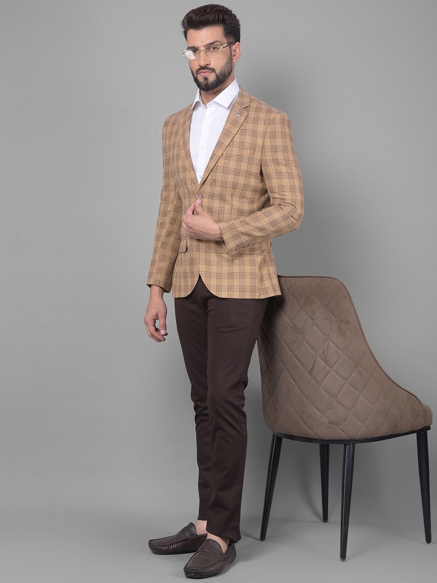 Crimsoune Club Beige Slim Fit Checks Blazer