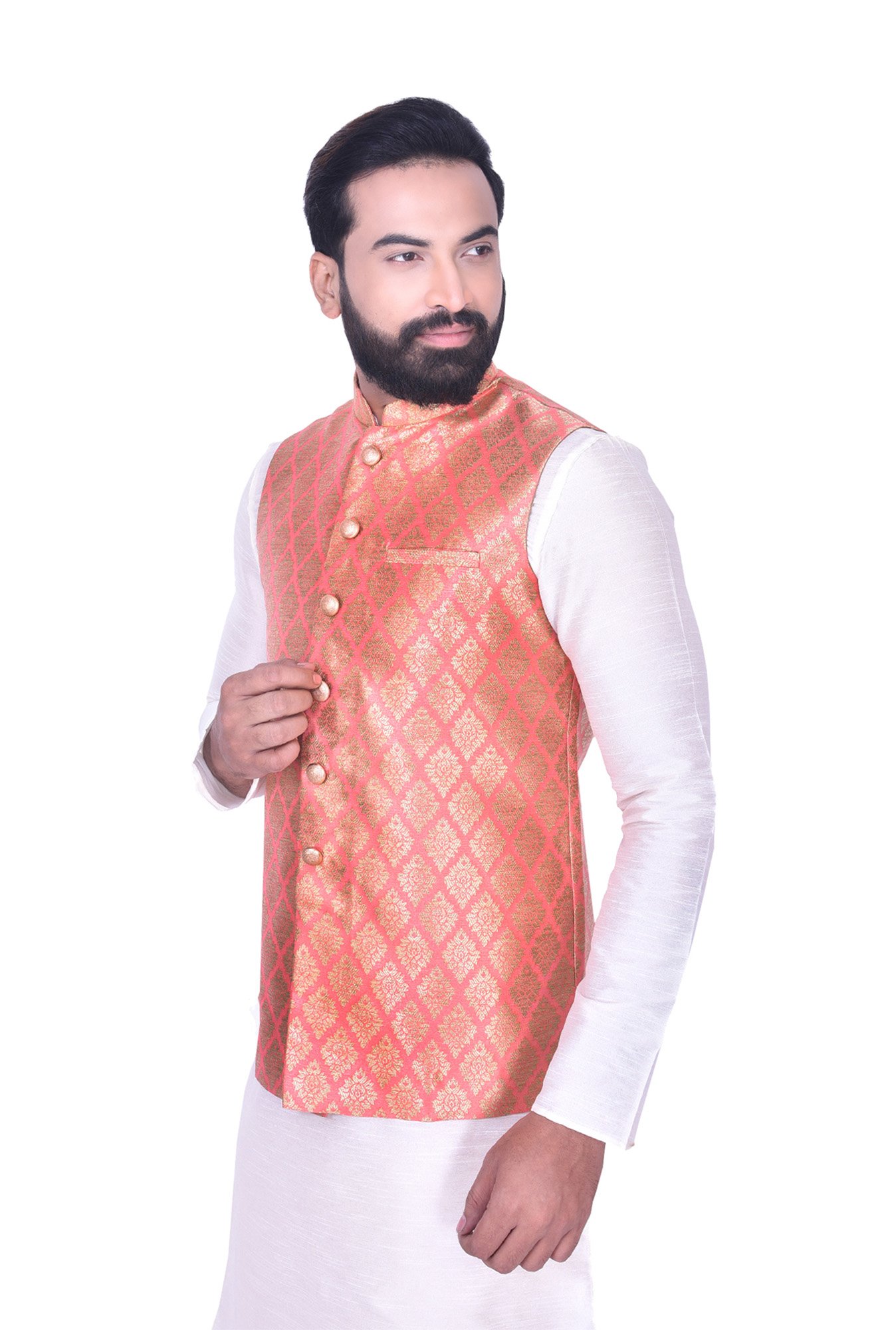 Manyavar Peach Mandarin Collar Ethnic Jacket