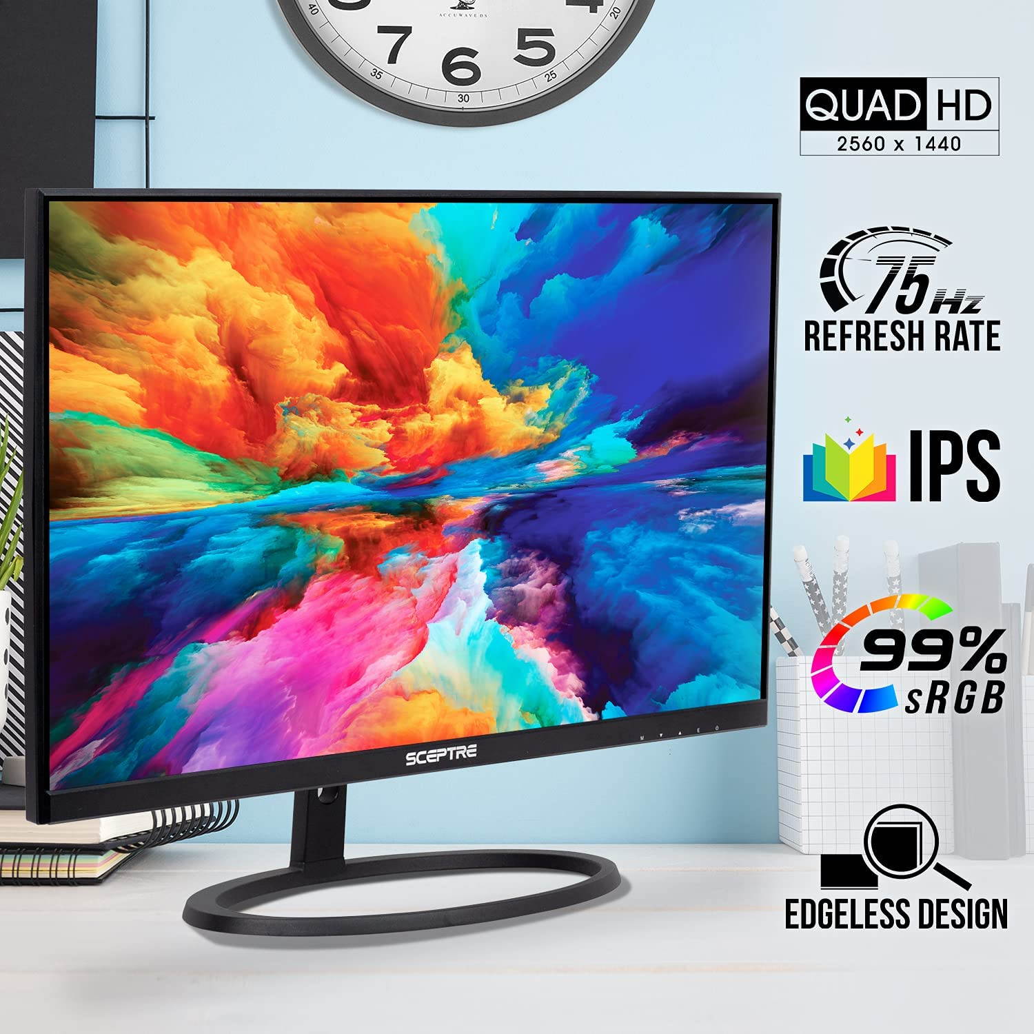 Sceptre IPS 24-Inch QHD LED Business Monitor 2560x1440 1440p DisplayPort HDMI 75Hz 300 Lux Build-in Speakers 2021 Black (E248W-QPT)