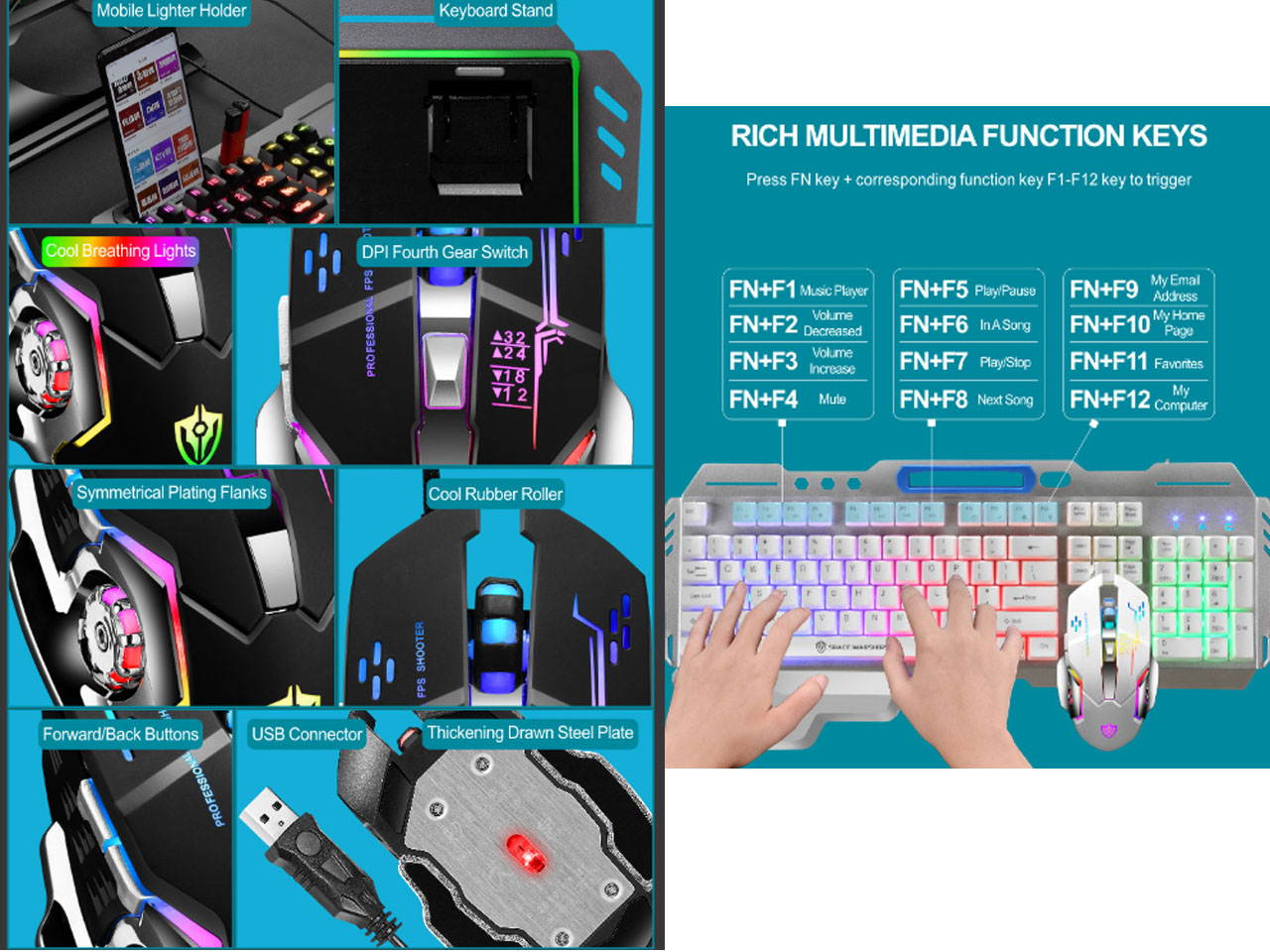 Wired Gaming Keyboard and Mouse, Rainbow Backlit Keyboard Mouse Metal Panel, Removable Hand Rest Keyboard and 7 Color Gaming Mute Mouse for PC Gamers