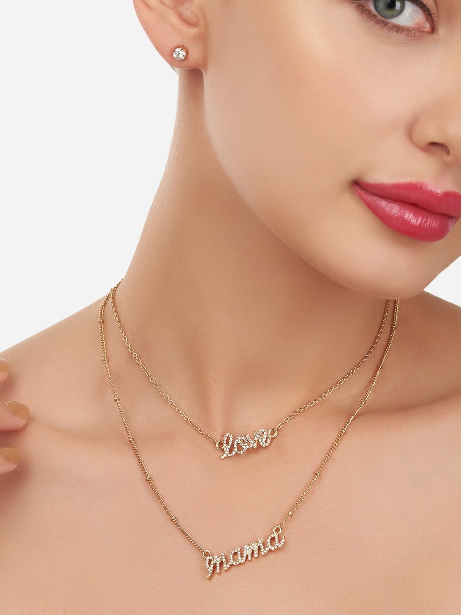 Zaveri Pearls Gold Tone 2 layers Austrian Diamonds Studded Love Mama Necklace Earring Set-ZPFK12071