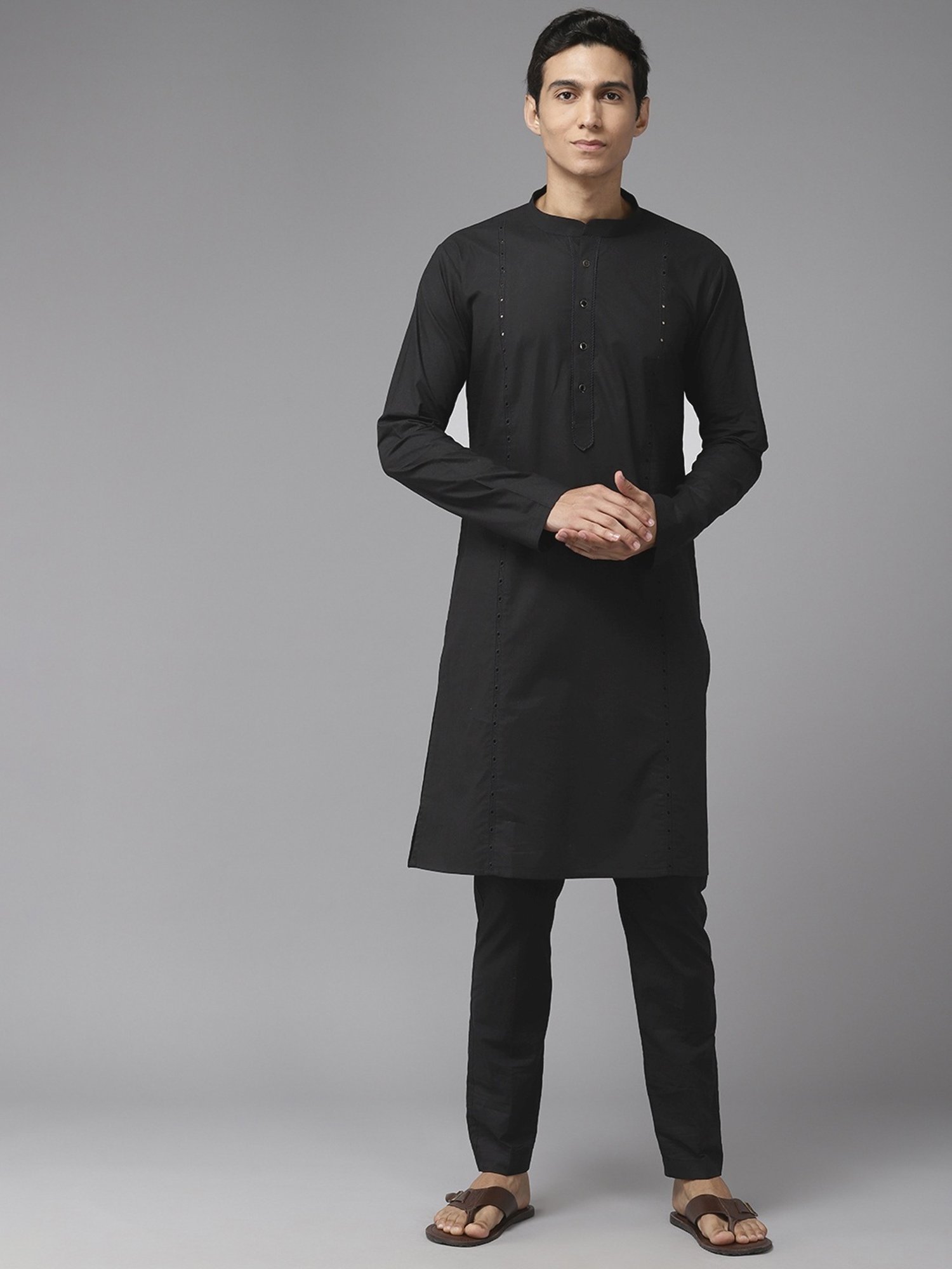 See Designs Black Cotton Regular Fit Embroidered Kurta Bottom Set