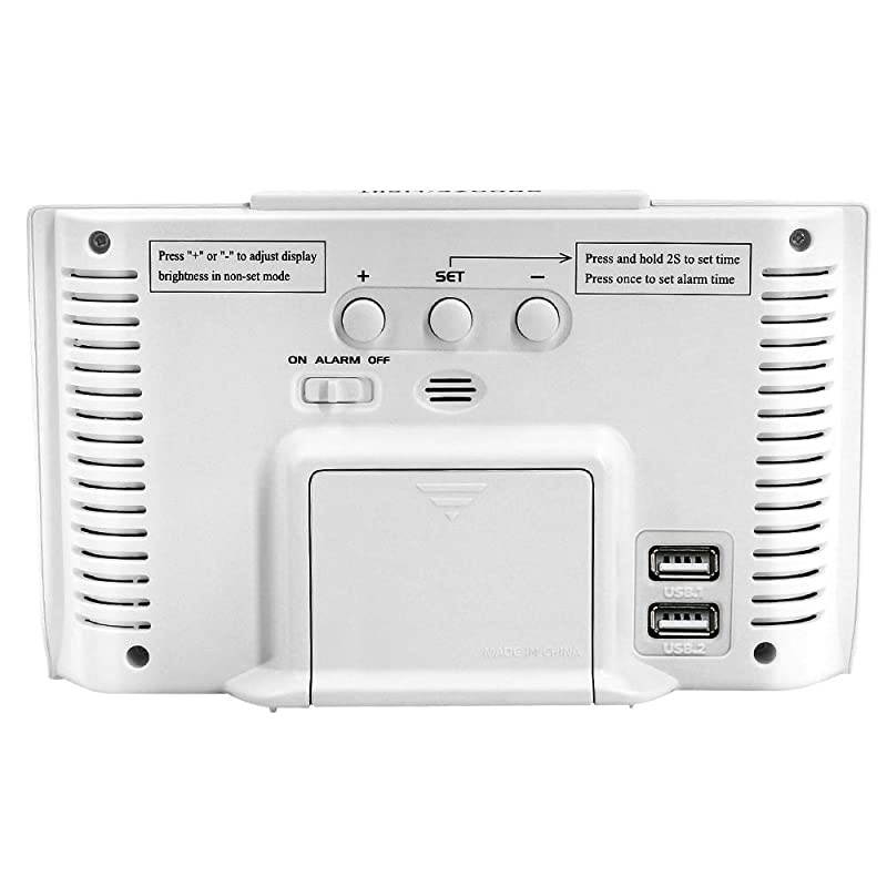 Auto Set Digital Alarm Clock with USB Charging Port 66 Inches Large Screen with TimeDateTemperature Display Full Range Brightness Dimmer Auto DST Setting Snooze White