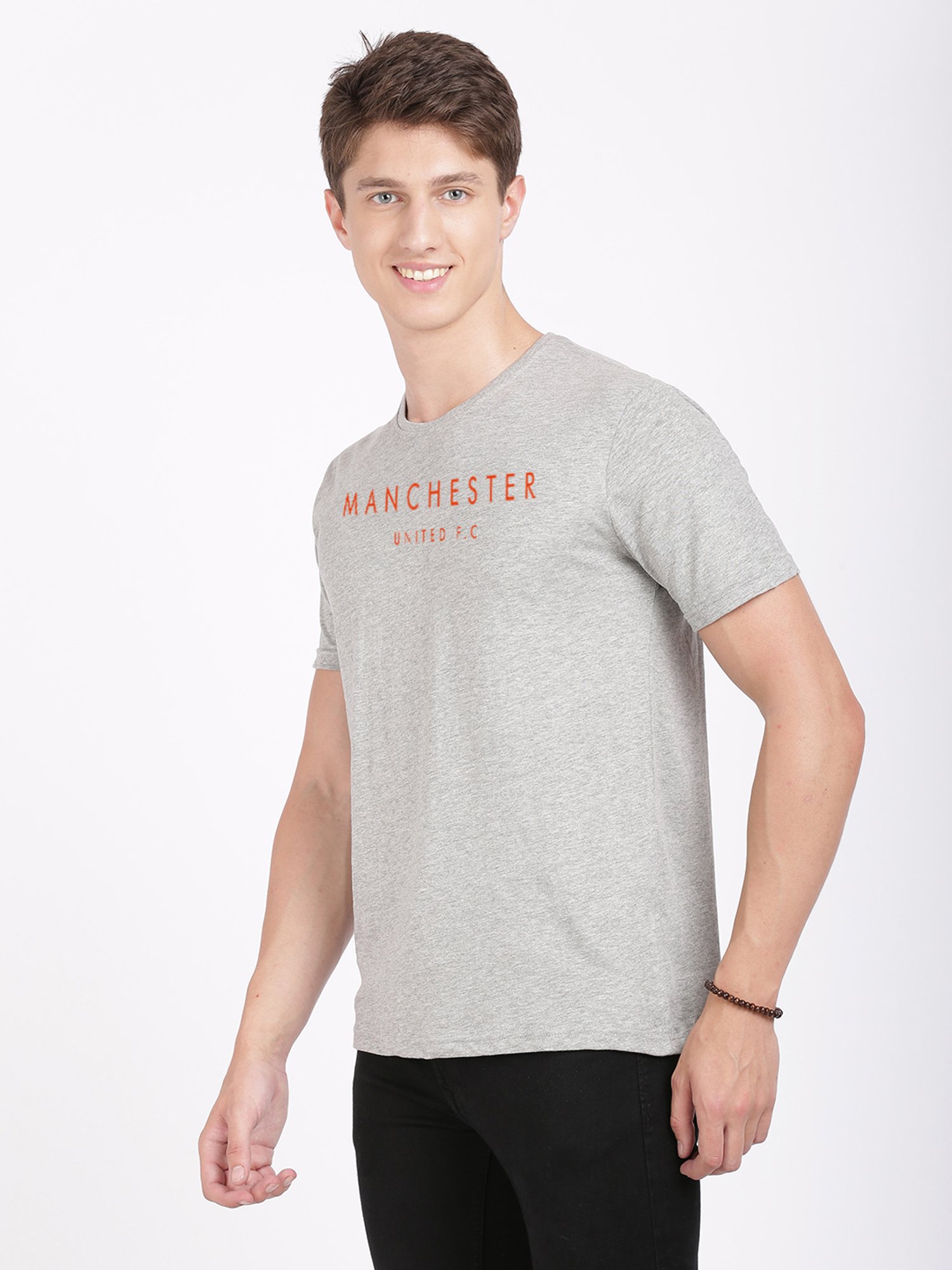 BLACK RADIO Grey Melange Slim Fit Printed Crew T-Shirt