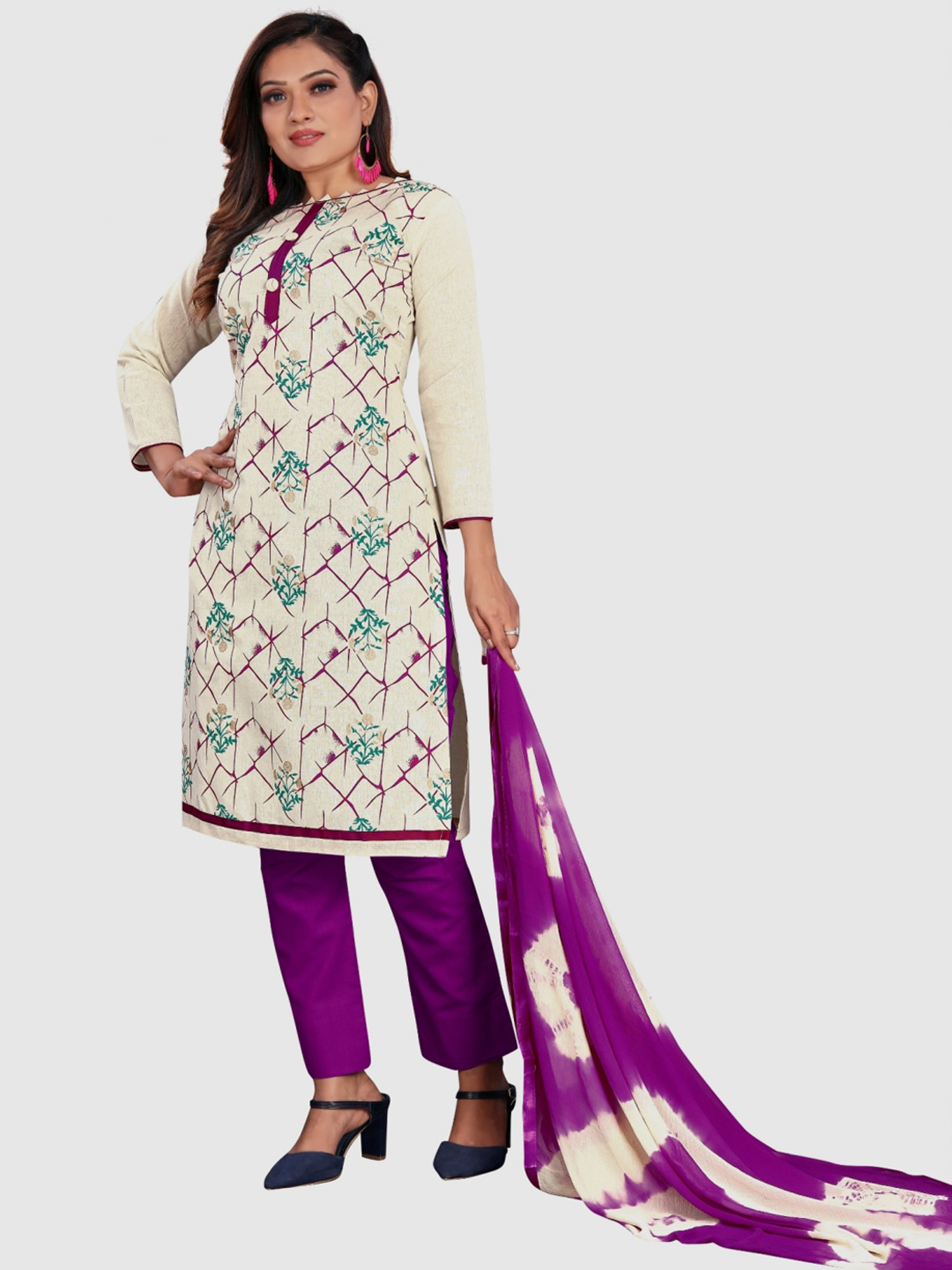 APNISHA Beige & Purple Cotton Printed Unstitched Dress Material