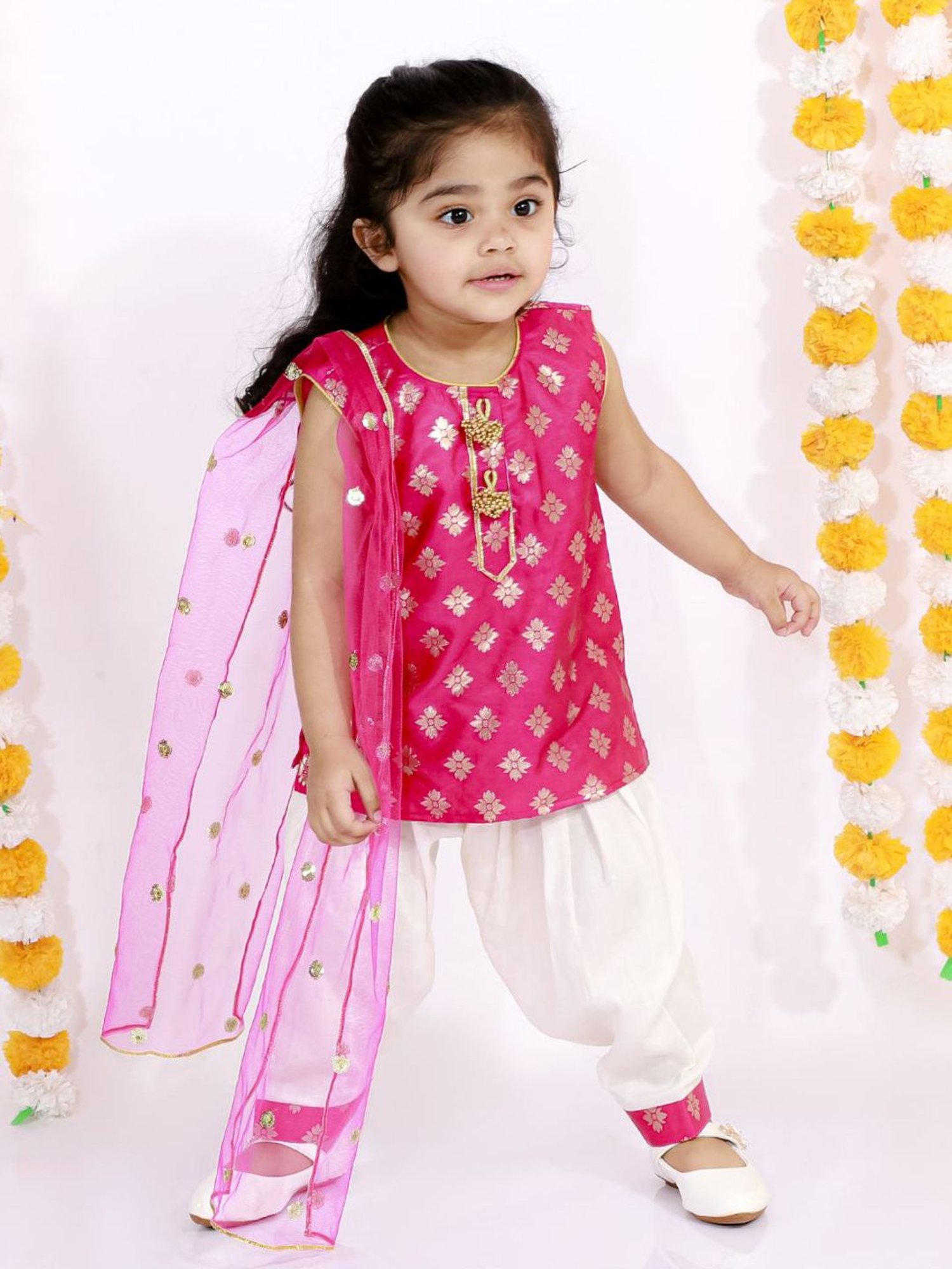 Little Bansi Kids Rani & Cream Embellished Suit Set