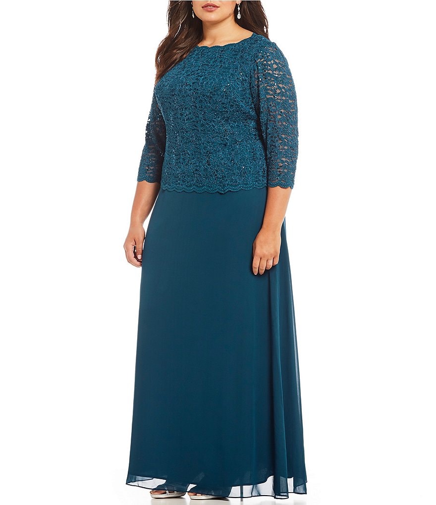 Alex Evenings Plus Size Boat Neck 3/4 Sleeve Sequin Lace Scalloped Hem Bodice Chiffon Skirted Dress