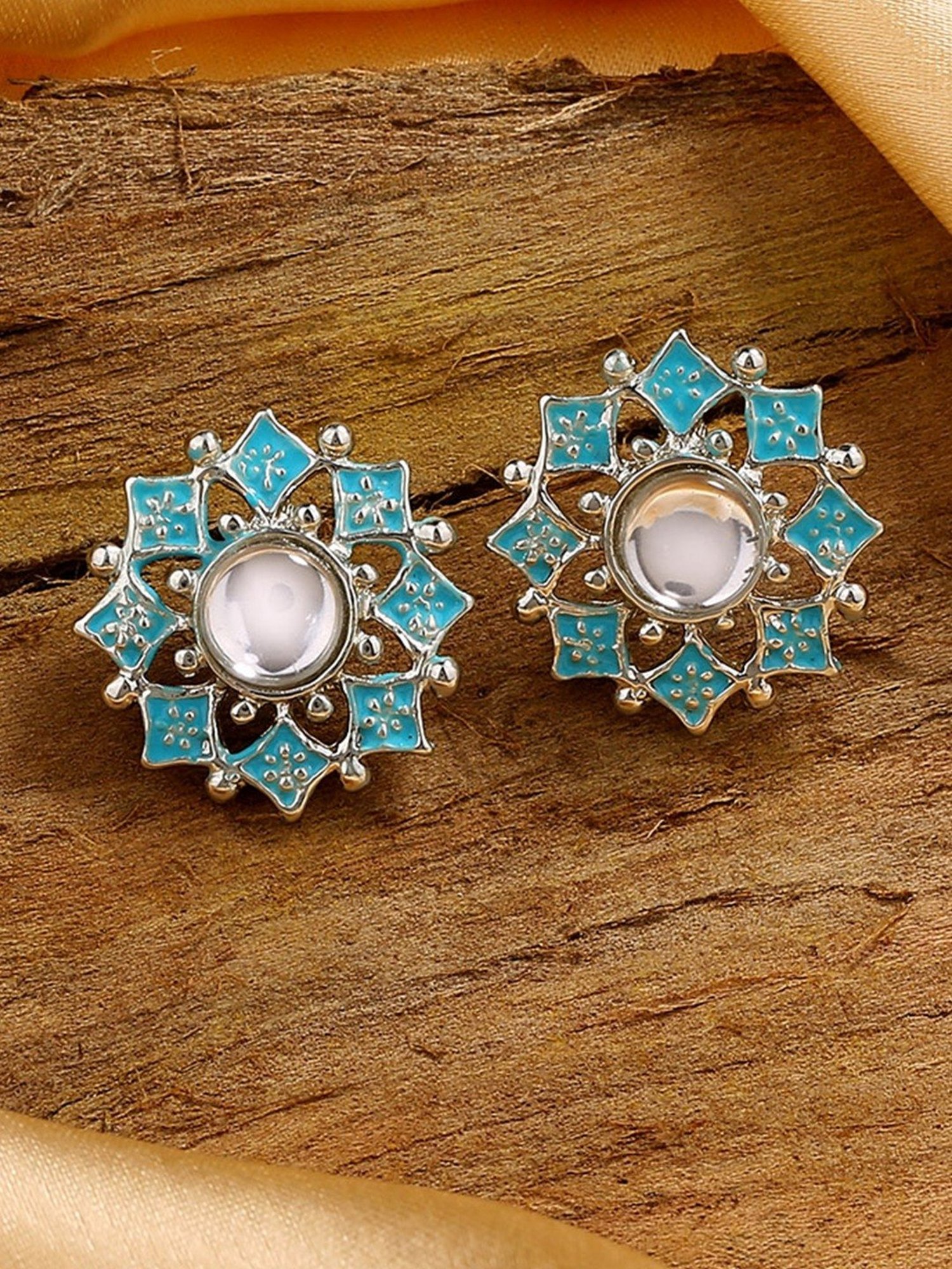 Estele Rhodium-Plated Flower Shaped Blue Meenakari Kundan Stud Earrings