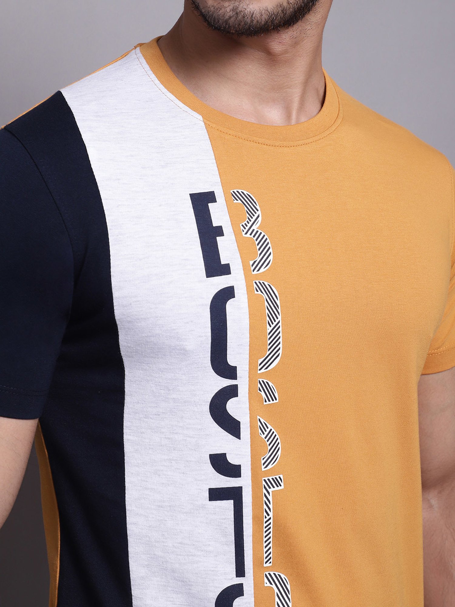 Cantabil Mustard Regular Fit Printed Crew T-Shirt