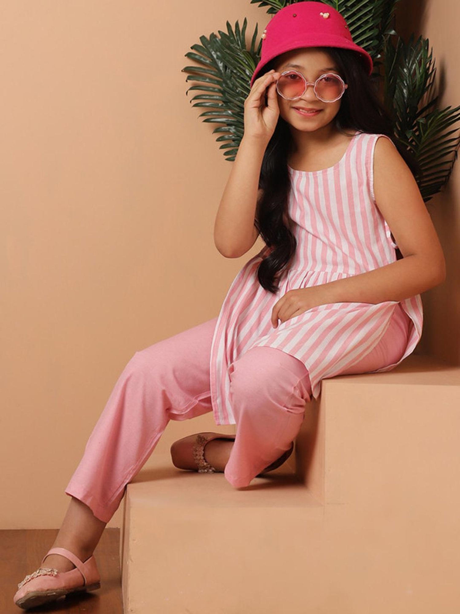 NEUDIS Kids Pink & White Striped Kurta with Trousers