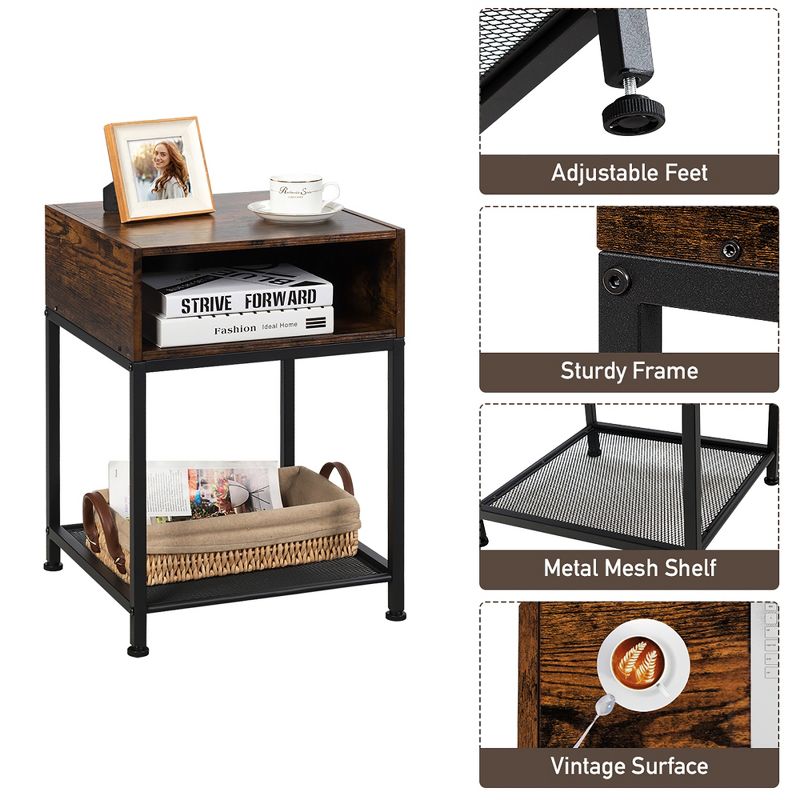 Costway Set of 2 Industrial Nightstand End Side Table W/ Compartment & Mesh Shelf