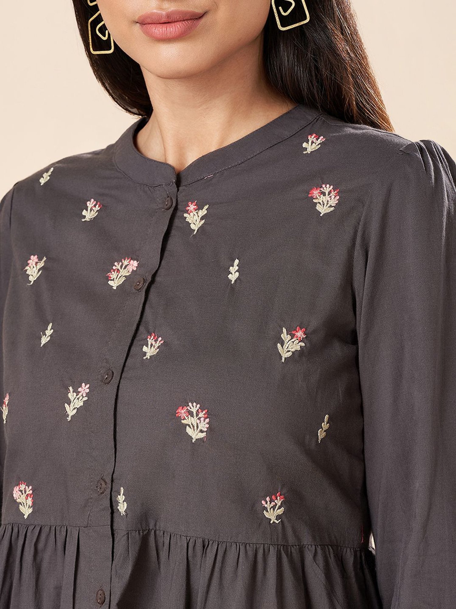 Akkriti by Pantaloons Charcoal Grey Cotton Embroidered Tunic