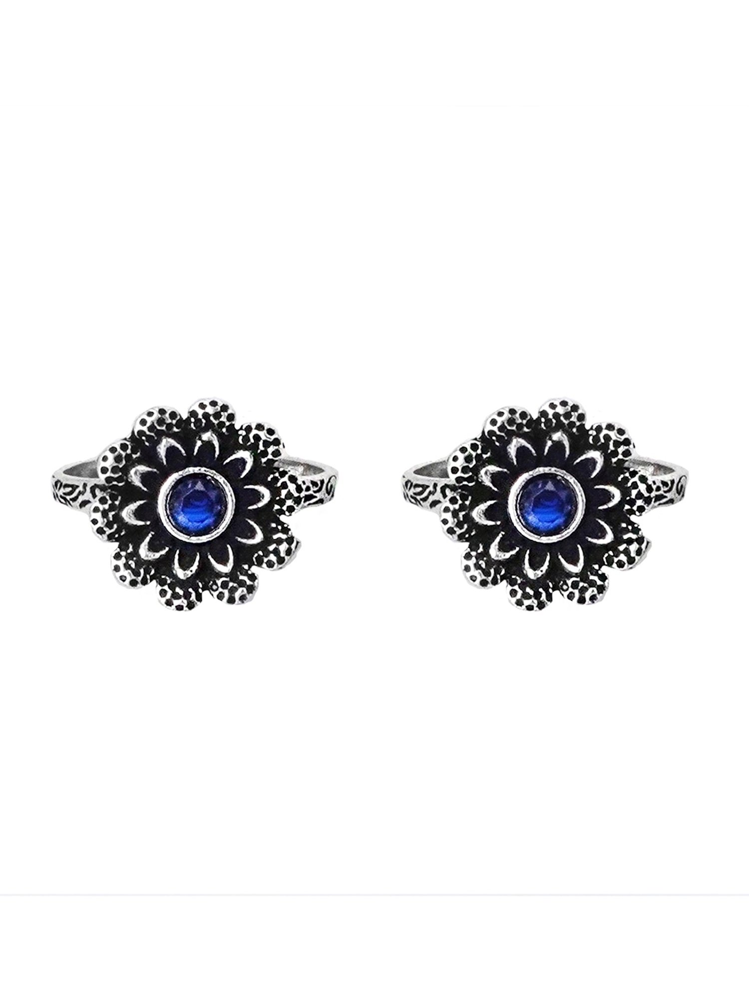 Teejh Ethnic Tishya Dark Blue Stone Silver Oxidized Toe Rings for Women