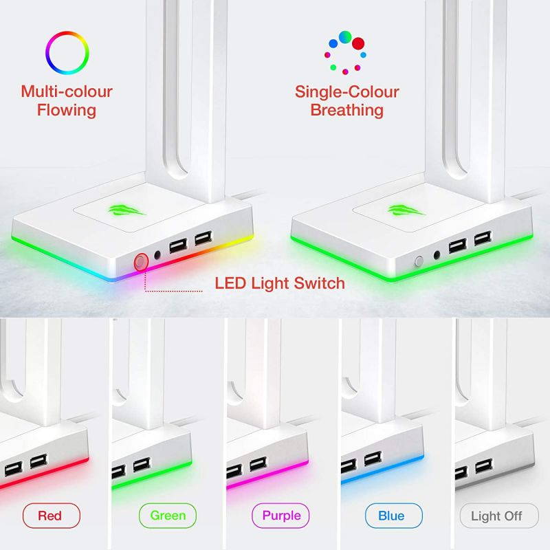 Havit RGB Headphones Stand with 3.5mm AUX and 2 USB Ports, Headphone Holder for Gamers Gaming PC Accessories Desk (White)