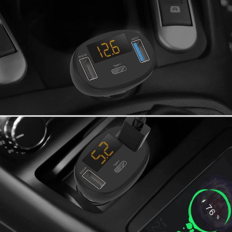 USB C Car Charger QC 30 PD Car Charger with Dual USB 12V24V Max 28W USBC Car Charger LED Display Adapter Compatible for XS XR Galaxy S10 S9 Note 8 Pixel 2 2 XL