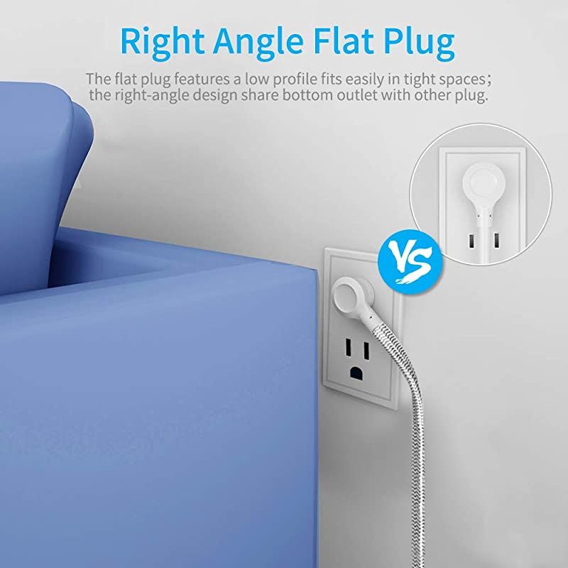 Outlets Power Strip Flat Plug with 3 USB Charing Ports 31A 15W Ft Braided Extension Cord Wall Mountable Outlet Extender with Overload Protection Switch for Home Office Cruise Ship White