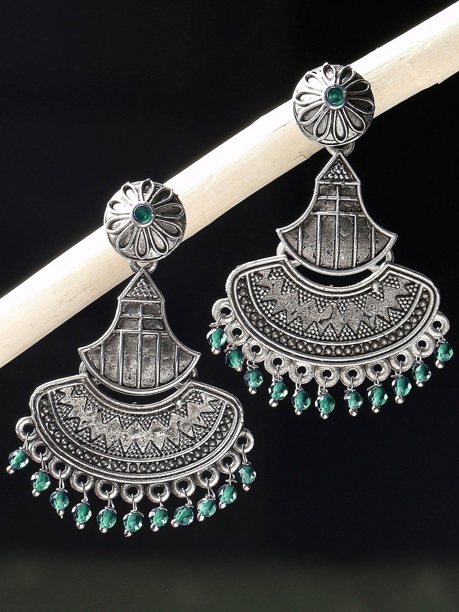 Oomph Jewellery Oxidized Silver Ethnic Silver Look Alike Green Beads Dangler Earrings
