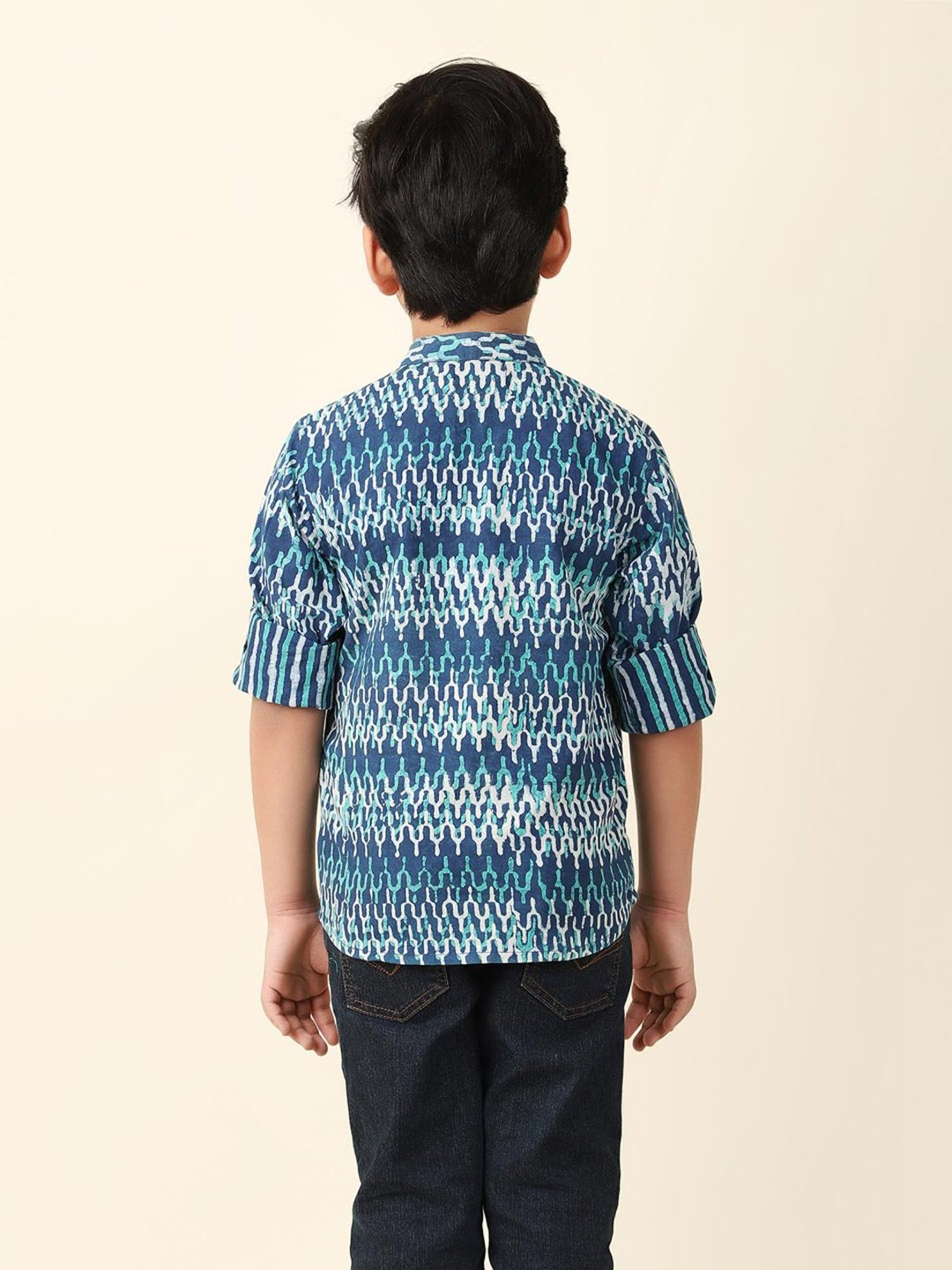Fabindia Kids Indigo Printed Full Sleeves Short Kurta