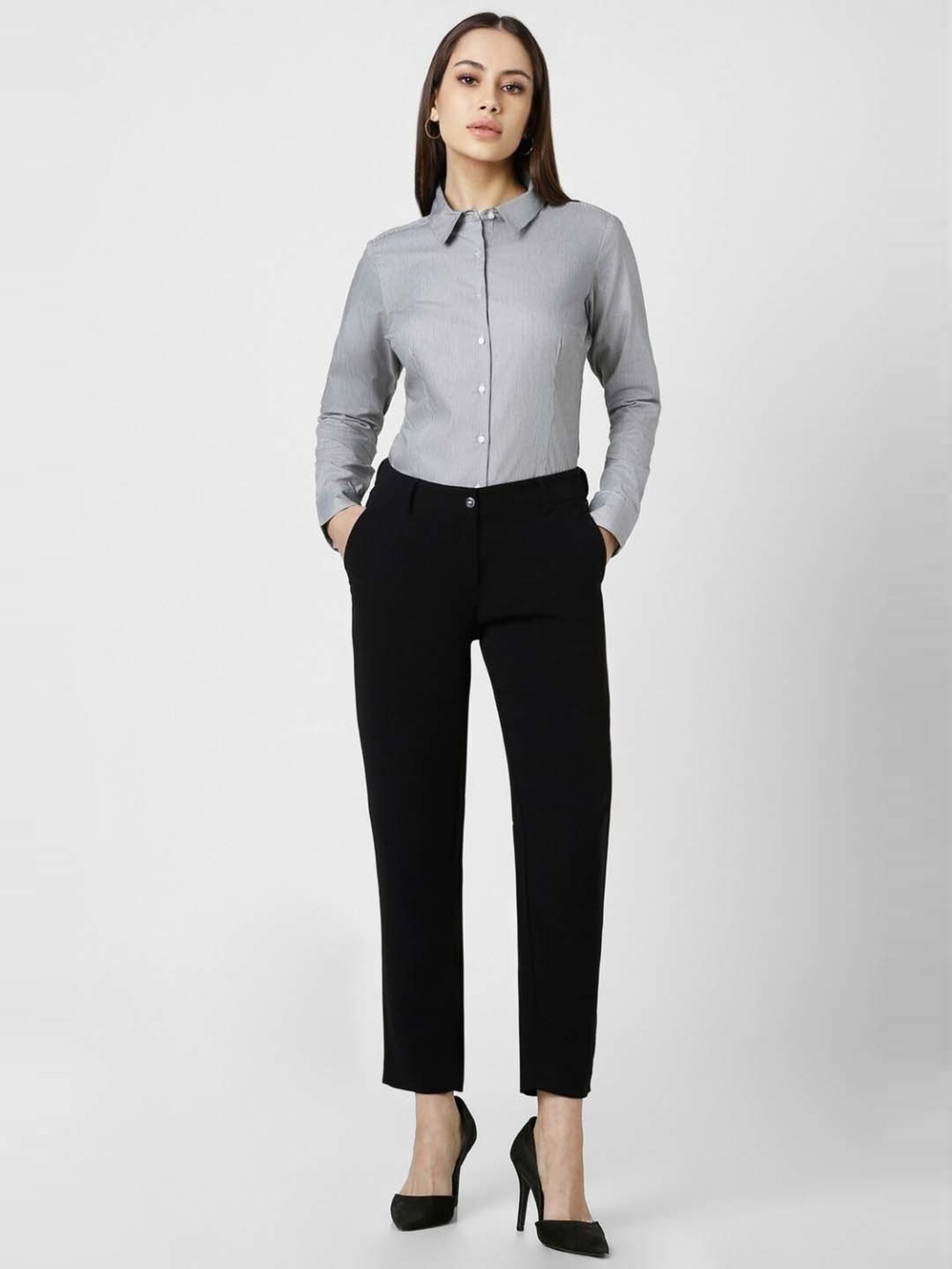 Van Heusen Grey Cotton Striped Formal Shirt