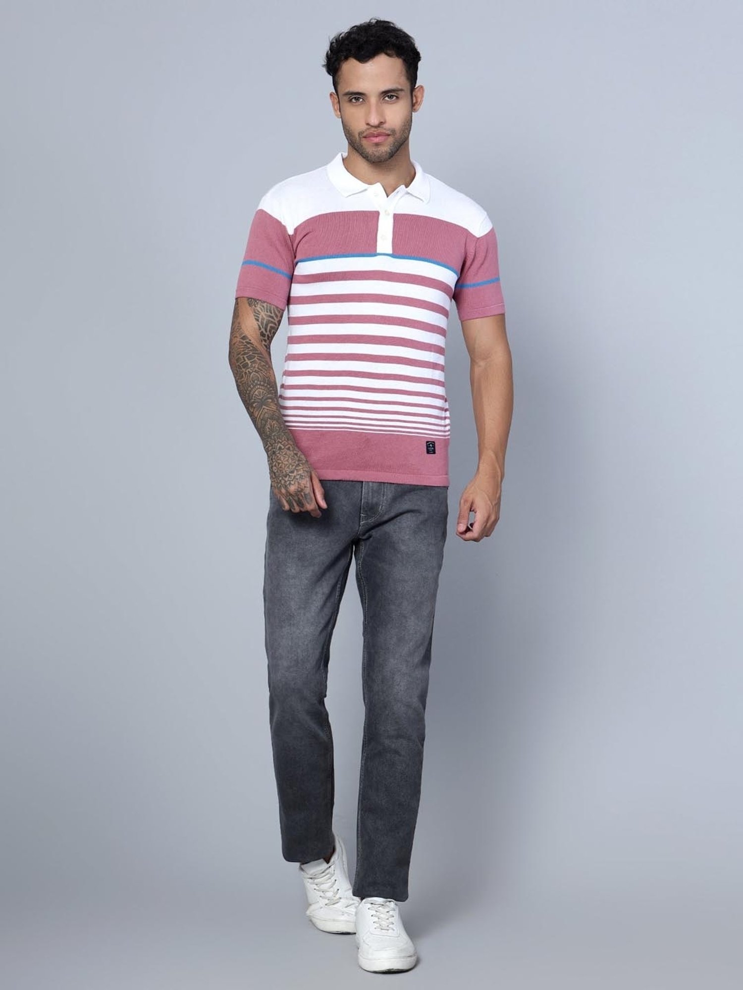 Cantabil White Cotton Regular Fit Striped Polo T-Shirt