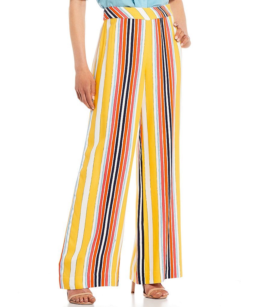 Trina Turk Colorful Stripe Print High Waist Wide Leg Long Weekend Pants