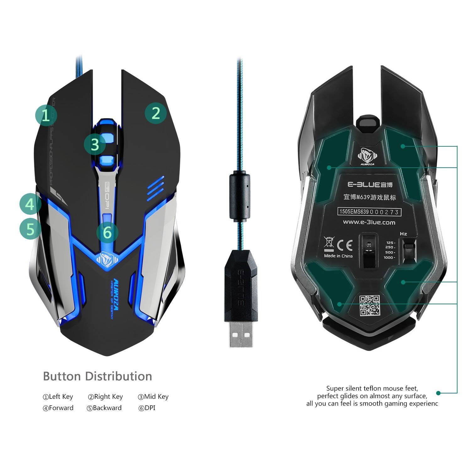 E-3LUE Gaming Mouse with Adjustable DPI,LED USB Optical Ergonomic Wired Computer Mice for Gamer,PC,Mac,Laptop,Macbook,Black