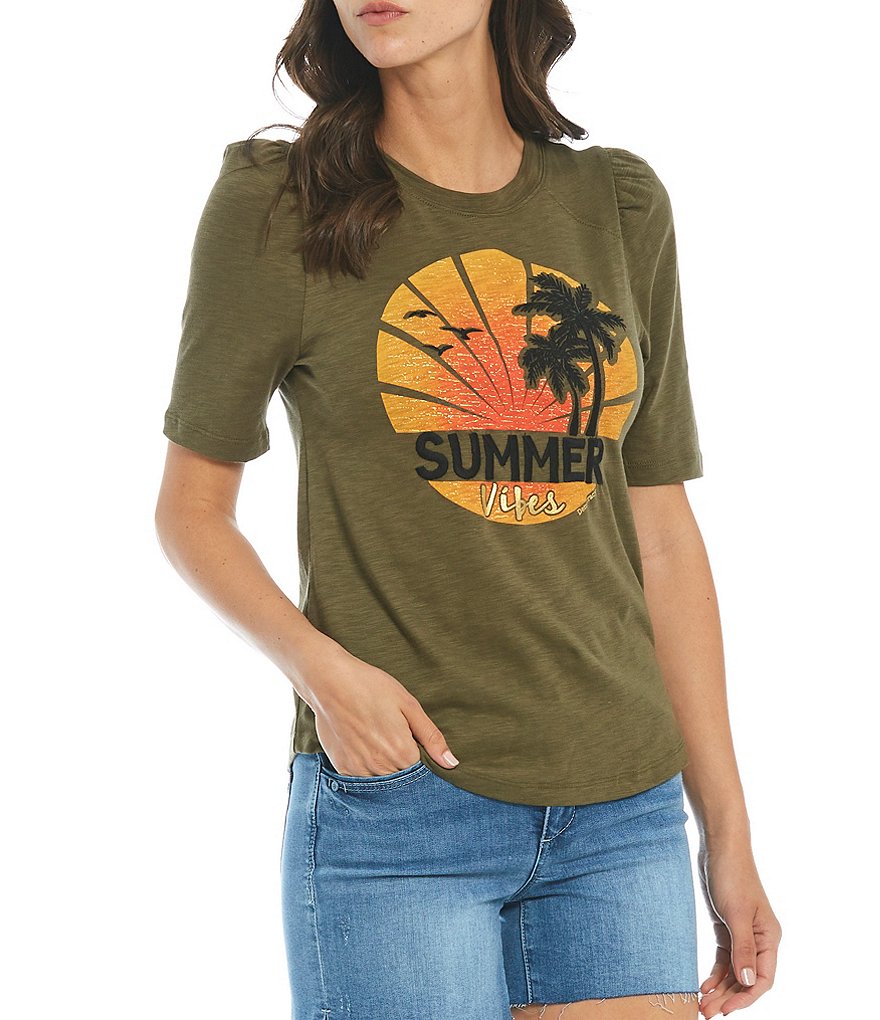 Democracy Crew Neck Elbow Puff Sleeve Summer Screened Tee